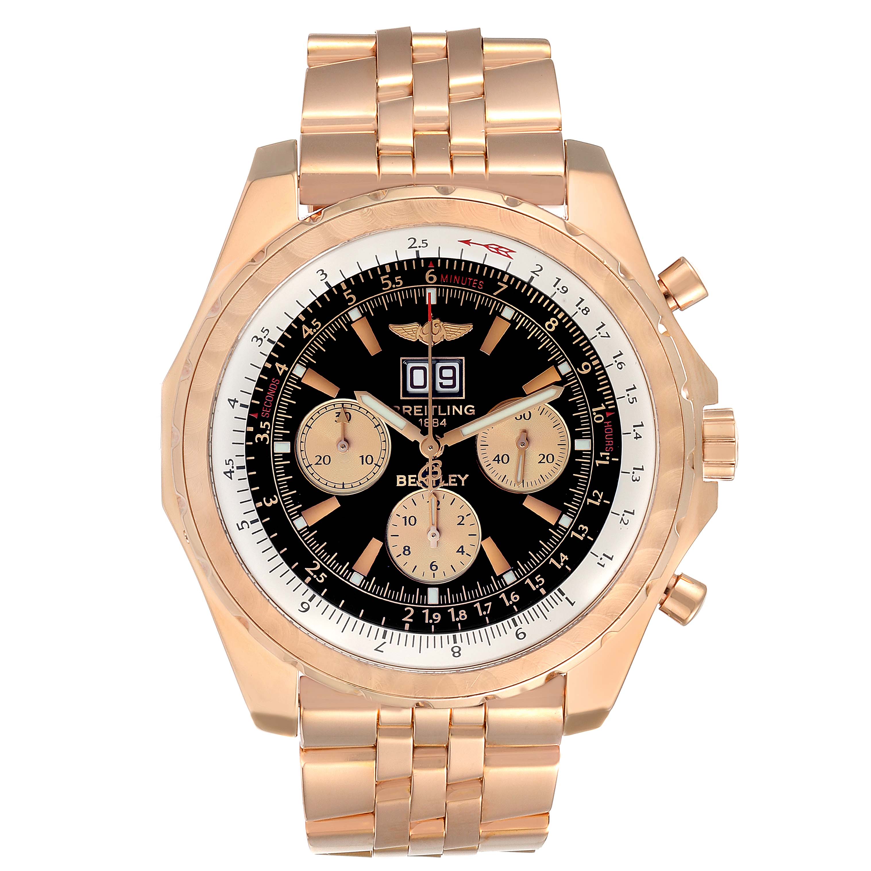 The image shows a frontal view of a Breitling Bentley H44363 Men's Rose Gold Black Dial H44363 Men's Rose Gold Black Dial watch, highlighting the face, bezel, and metal bracelet.