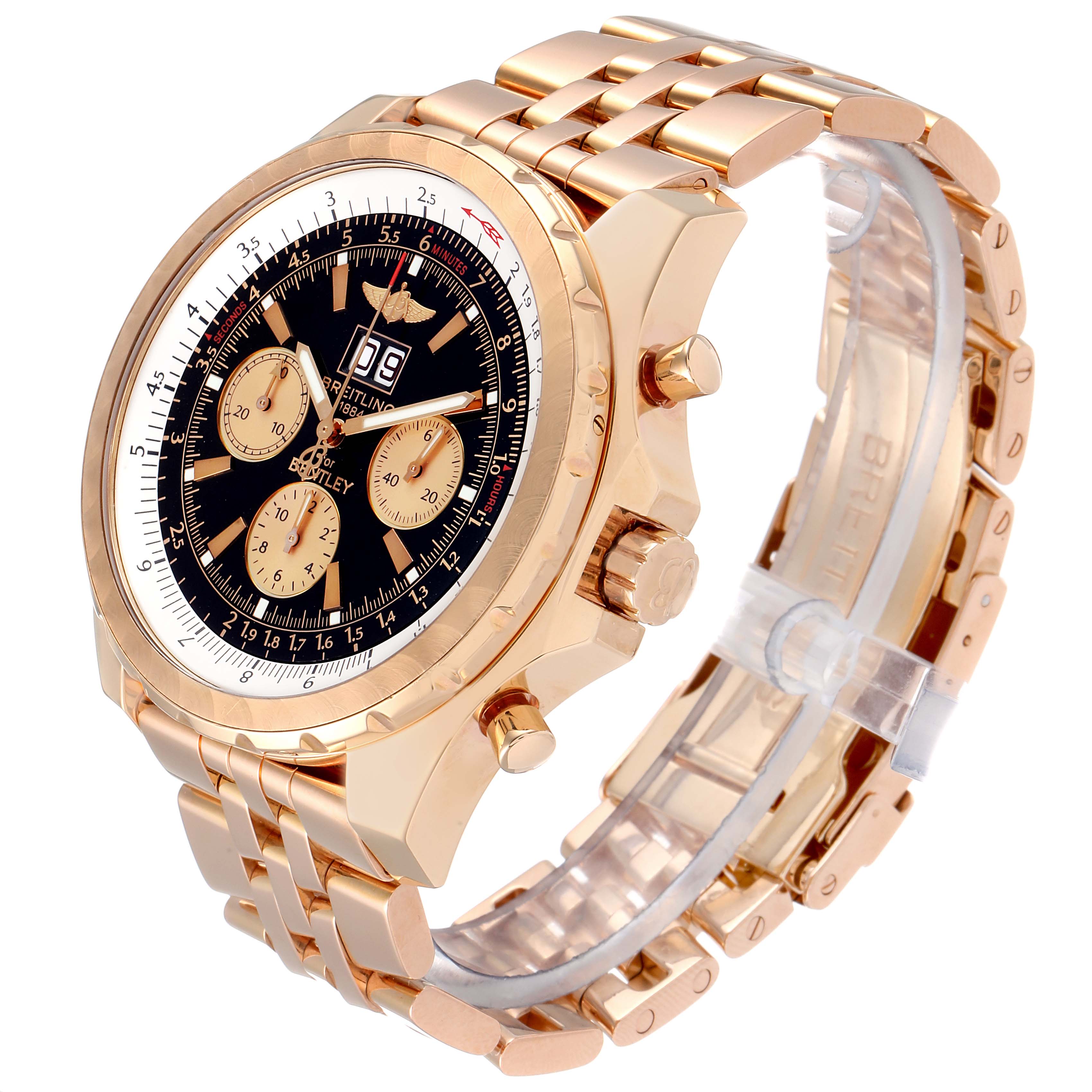 The image shows a gold Breitling Bentley H44363 Men's Rose Gold Black Dial H44363 Men's Rose Gold Black Dial watch at a three-quarter angle, displaying the face, bezel, bracelet, and crown.