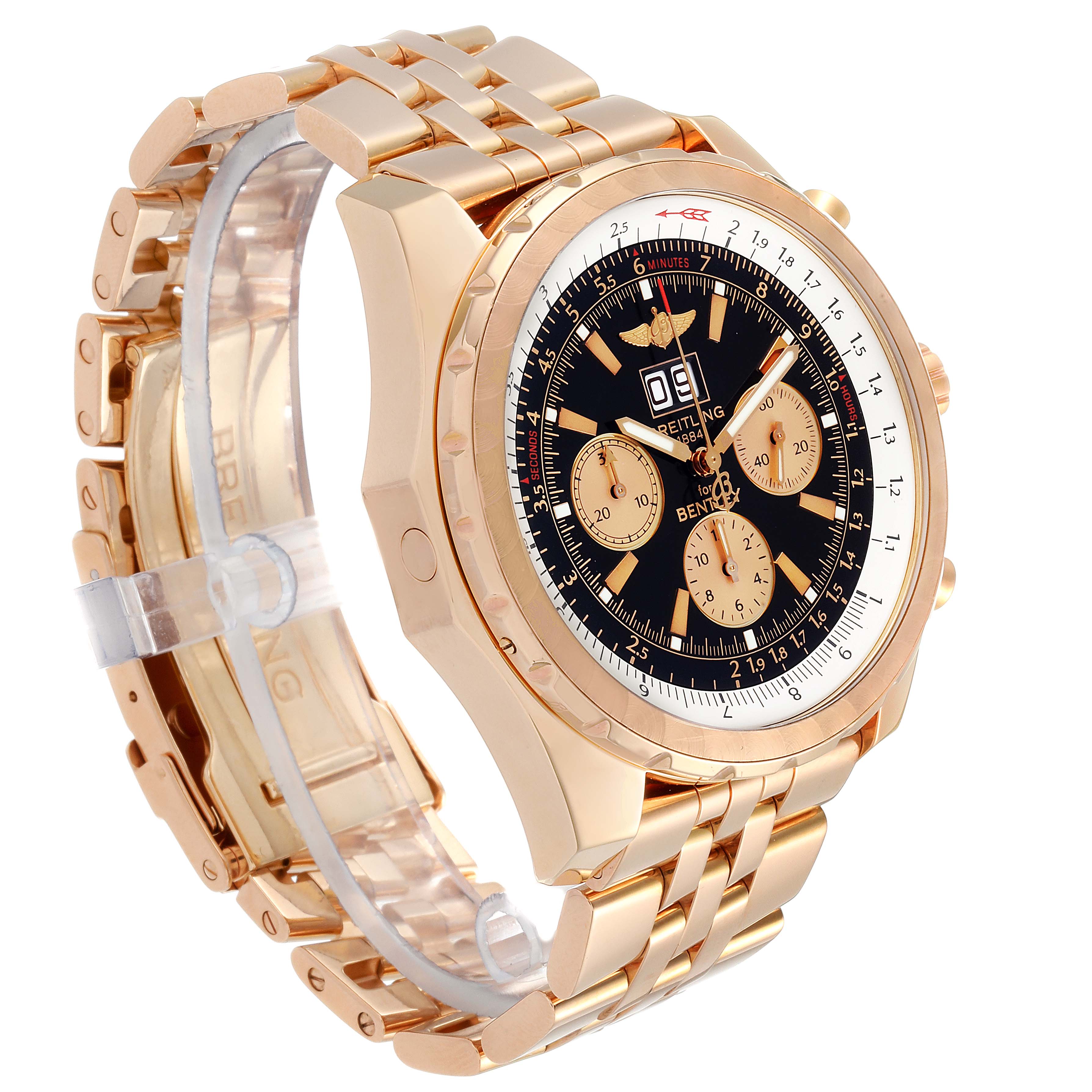 This image shows a Bentley model watch by Breitling from a slight angle, highlighting the dial, bezel, and bracelet.