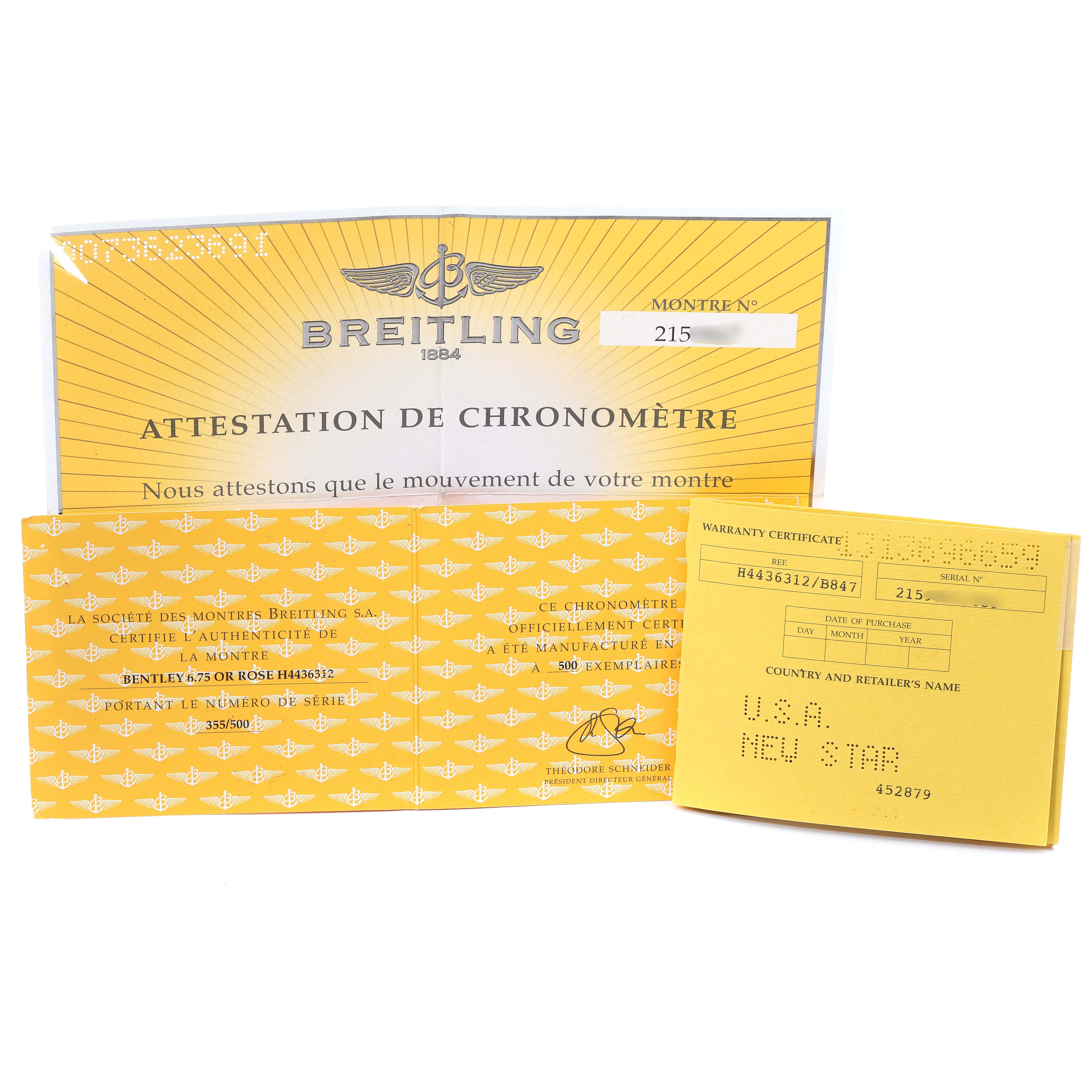 The image shows the certification and warranty papers for the Breitling Bentley H44363 Men's Rose Gold Black Dial H44363 Men's Rose Gold Black Dial watch model, displayed at a direct angle.