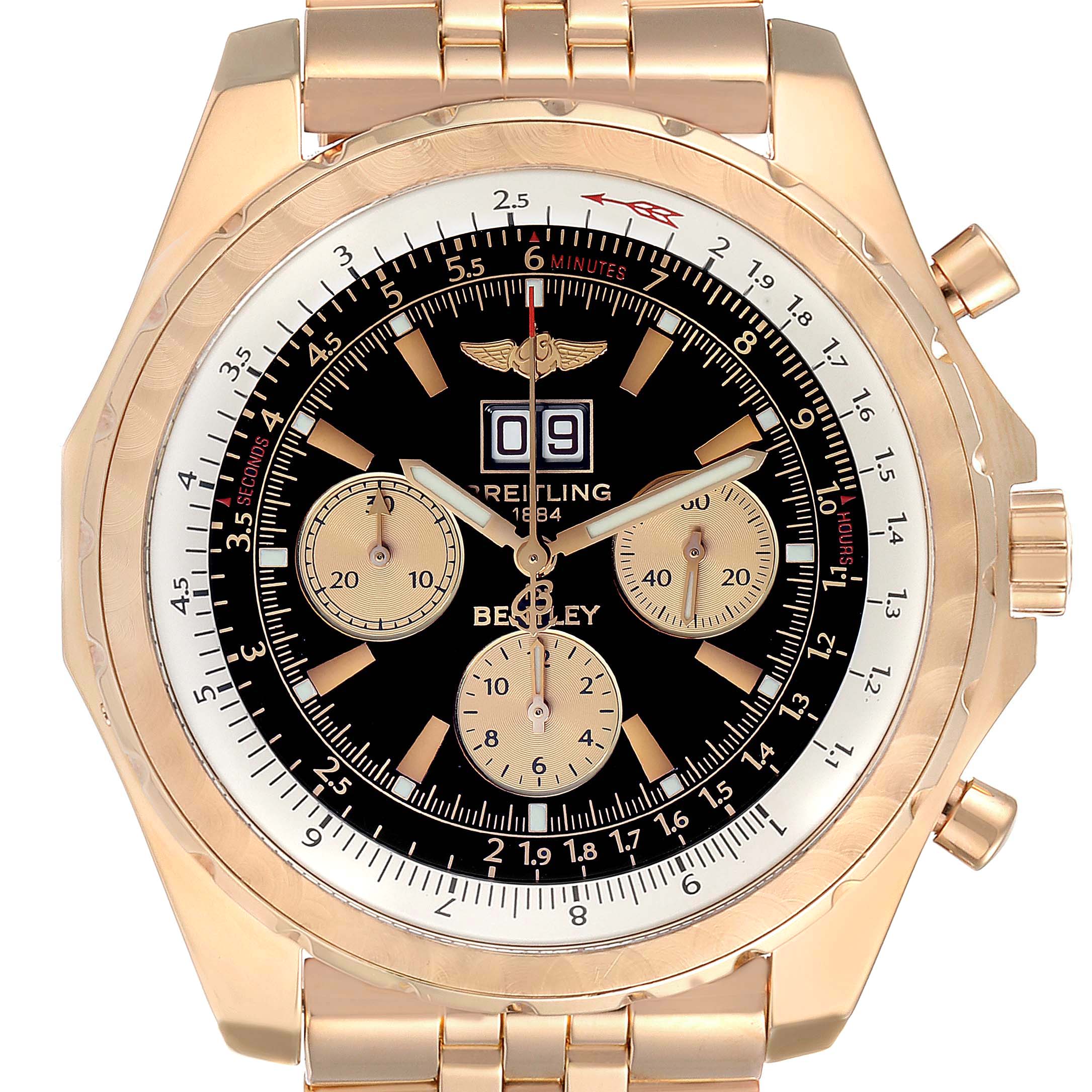 The image shows a frontal view of a Breitling Bentley H44363 Men's Rose Gold Black Dial H44363 Men's Rose Gold Black Dial watch, highlighting its dial, subdials, bezel, and bracelet.