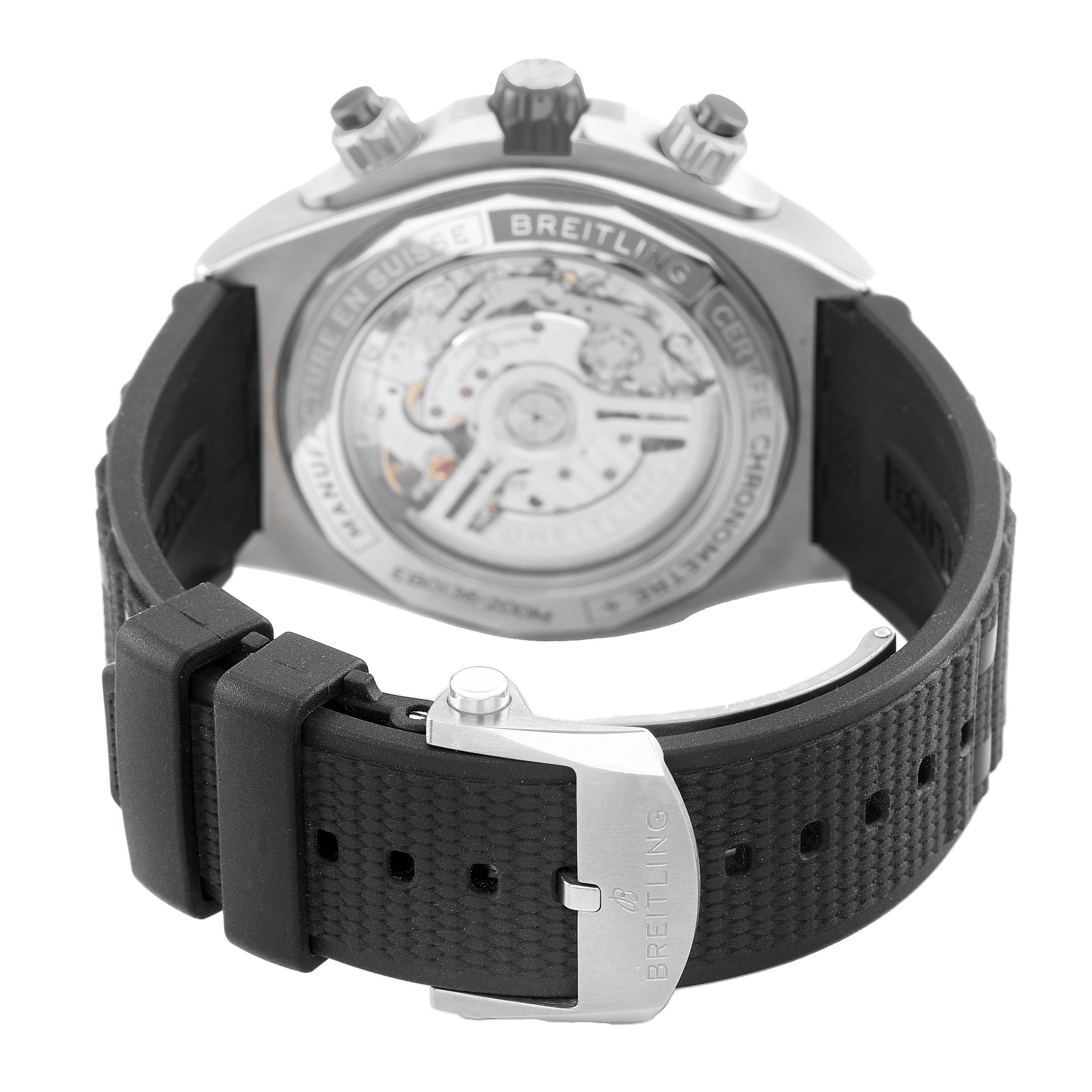 The Breitling Chronomat EB0136 Men's Titanium Grey Dial is shown from the back, highlighting its movement and black strap with a branded buckle.