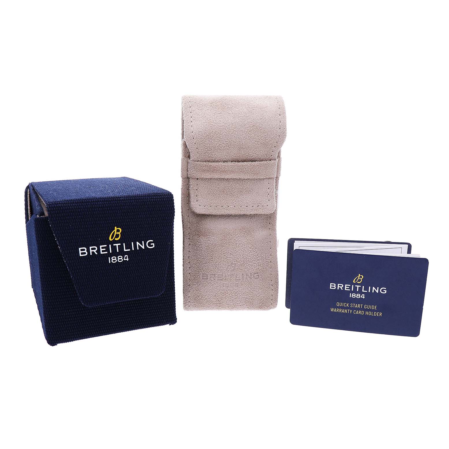 The image shows Breitling Chronomat EB0136 Men's Titanium Grey Dial accessories, including a branded box, suede pouch, and a quick start guide booklet.