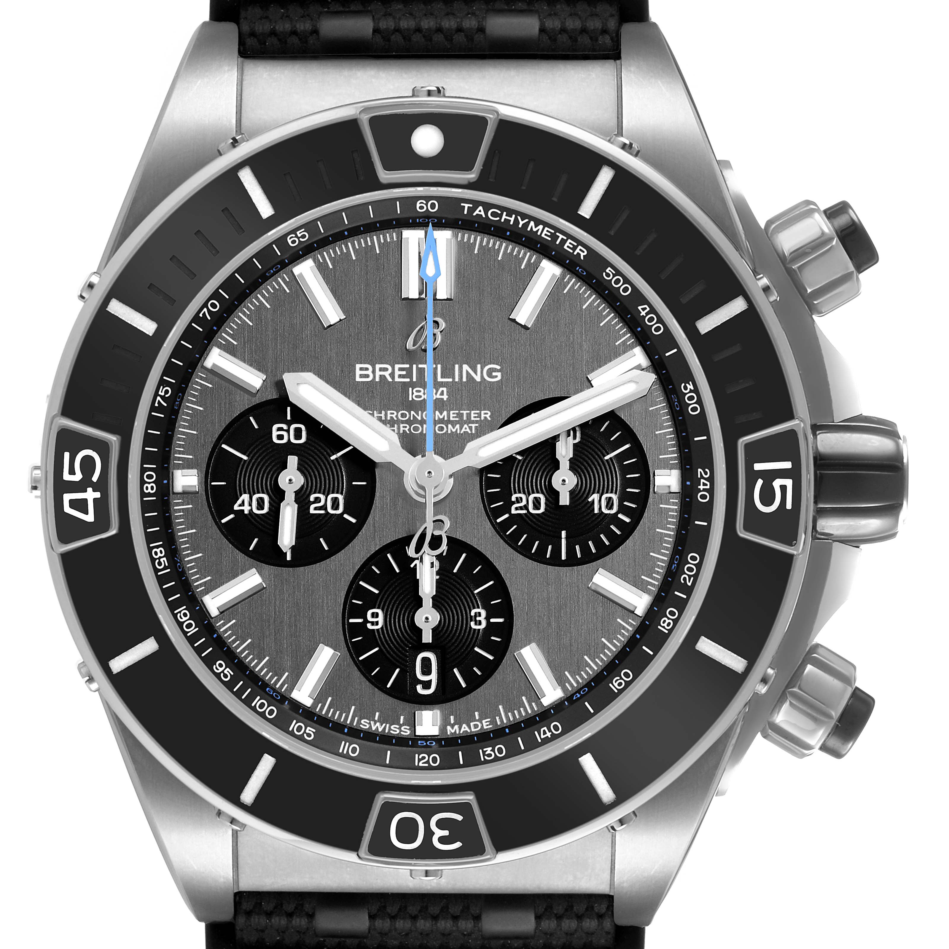 The image shows a frontal view of the Breitling Chronomat EB0136 Men's Titanium Grey Dial watch, highlighting the dial, bezel, and chronograph subdials.