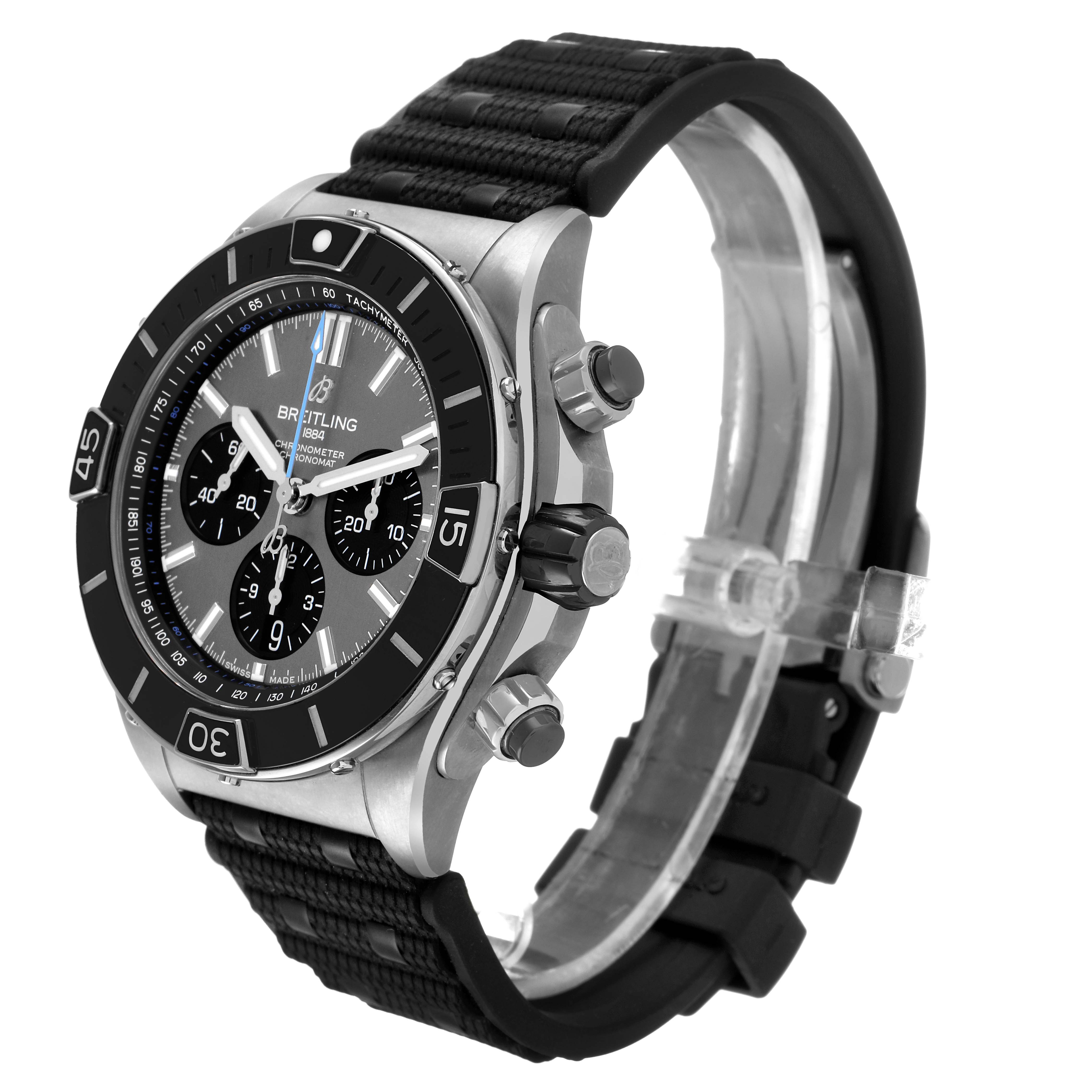 The image shows a Breitling Chronomat EB0136 Men's Titanium Grey Dial watch at a three-quarter angle, highlighting the bezel, dial, and side pushers.