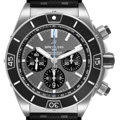 The image shows a front view of the Breitling Chronomat EB0136 Men's Titanium Grey Dial watch, highlighting the dial, chronograph sub-dials, and tachymeter bezel.