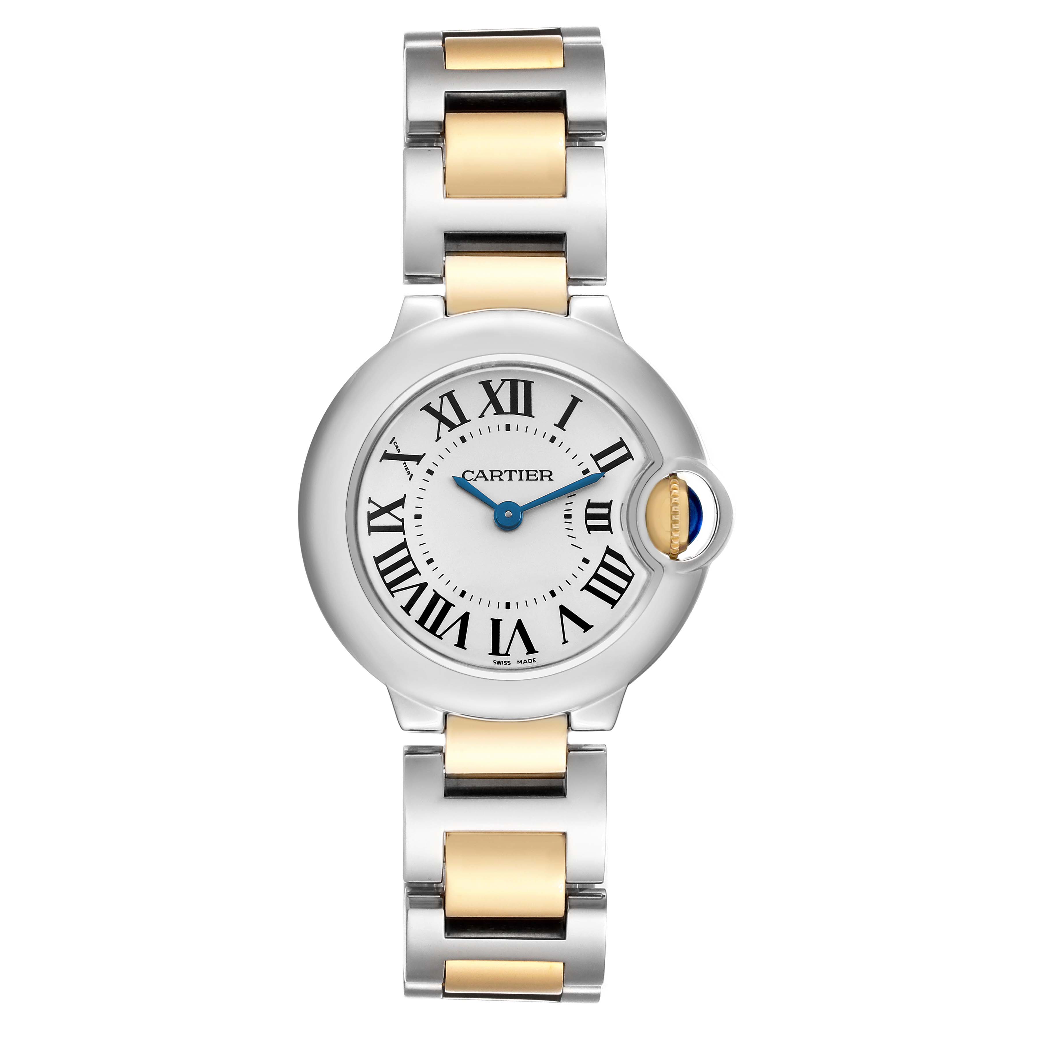 The Cartier Ballon Bleu W69007Z3 Women's Stainless Steel Silver Dial watch is shown from a front angle, displaying the face, Roman numerals, and bracelet.
