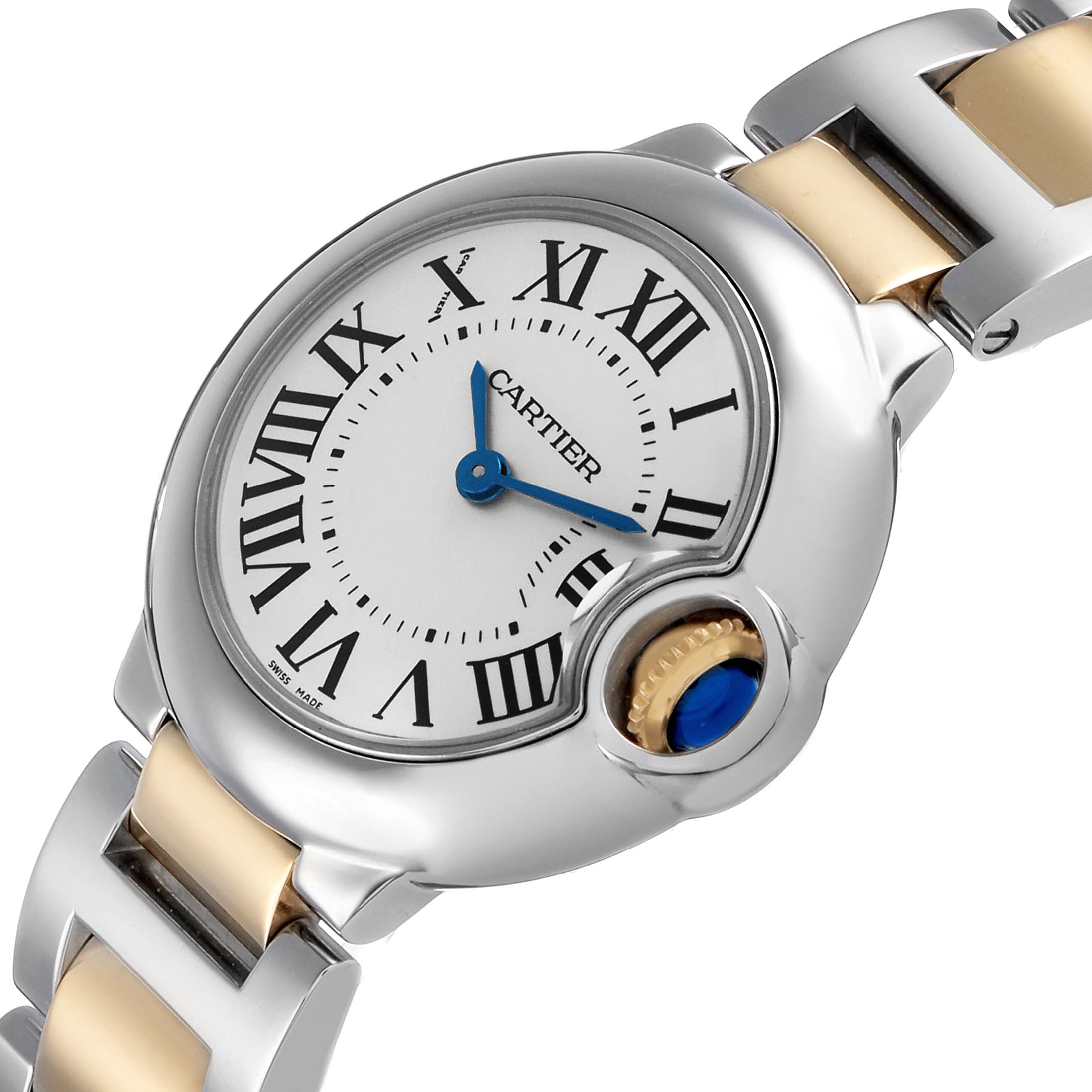 The image shows a close-up angle of the Cartier Ballon Bleu W69007Z3 Women's Stainless Steel Silver Dial watch, highlighting the dial, roman numerals, and the distinctive crown.