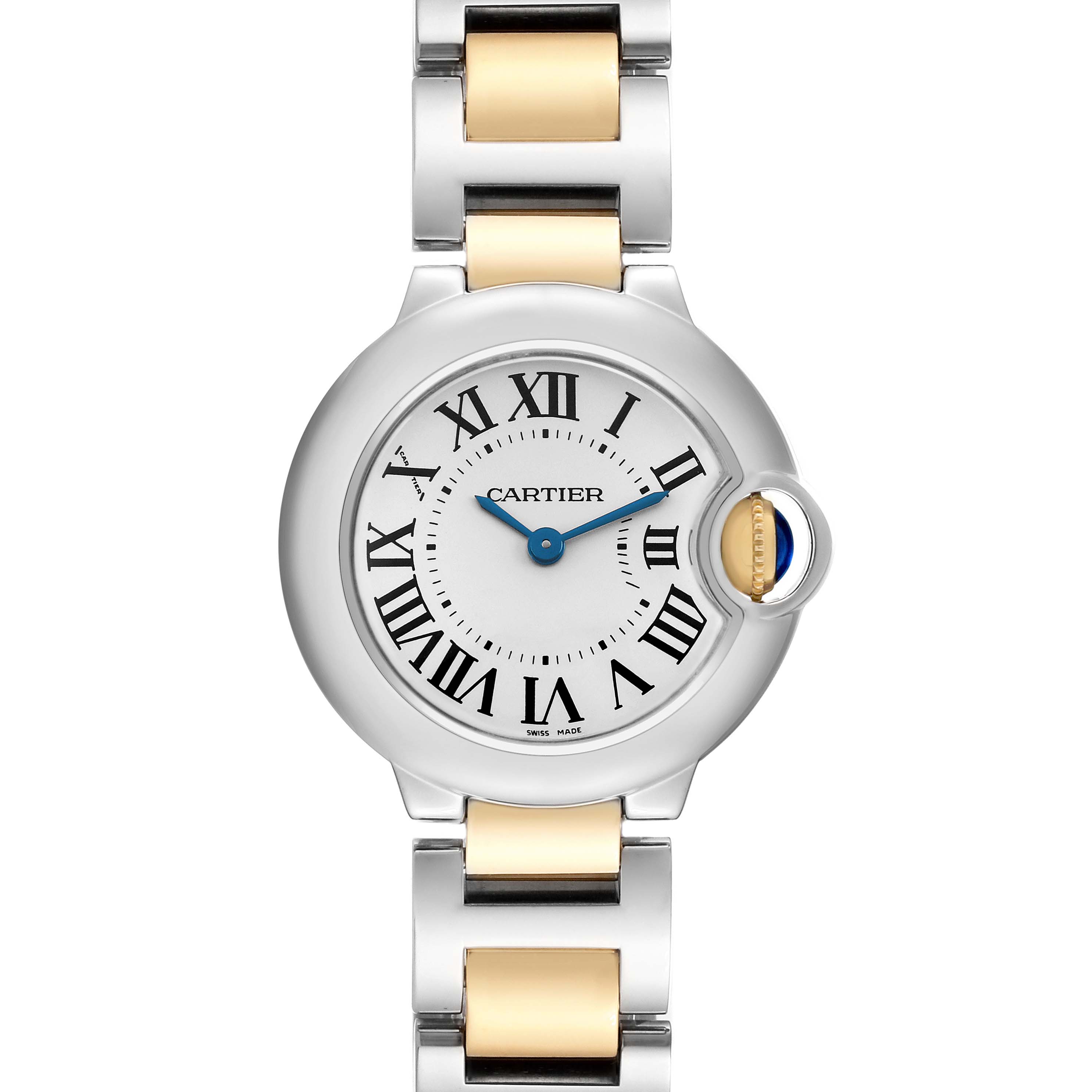 The image shows a frontal view of the Cartier Ballon Bleu W69007Z3 Women's Stainless Steel Silver Dial watch, highlighting its dial, Roman numerals, and metal bracelet.
