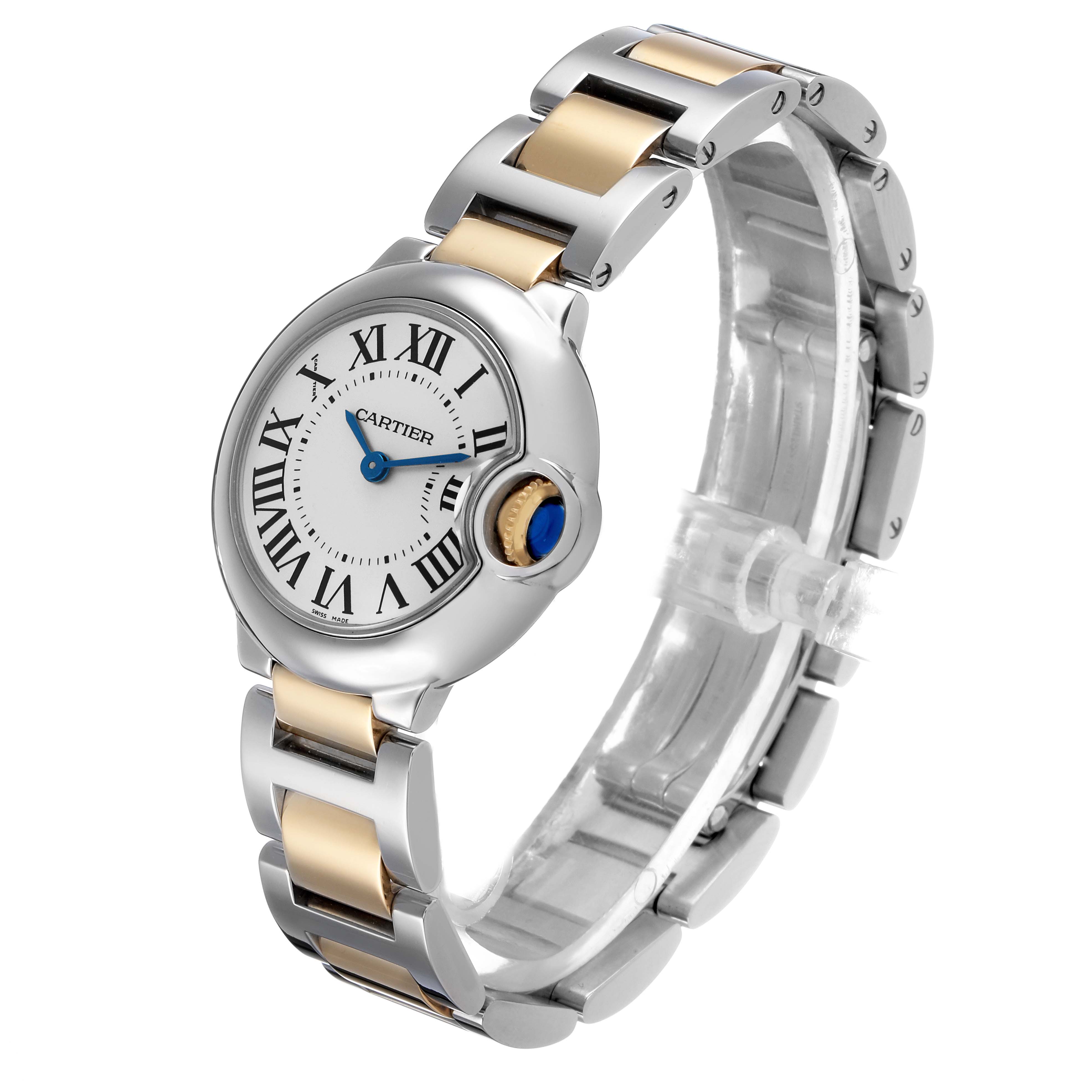 The image shows a Cartier Ballon Bleu W69007Z3 Women's Stainless Steel Silver Dial watch at an angled side view, displaying its face, Roman numerals, and metal bracelet.