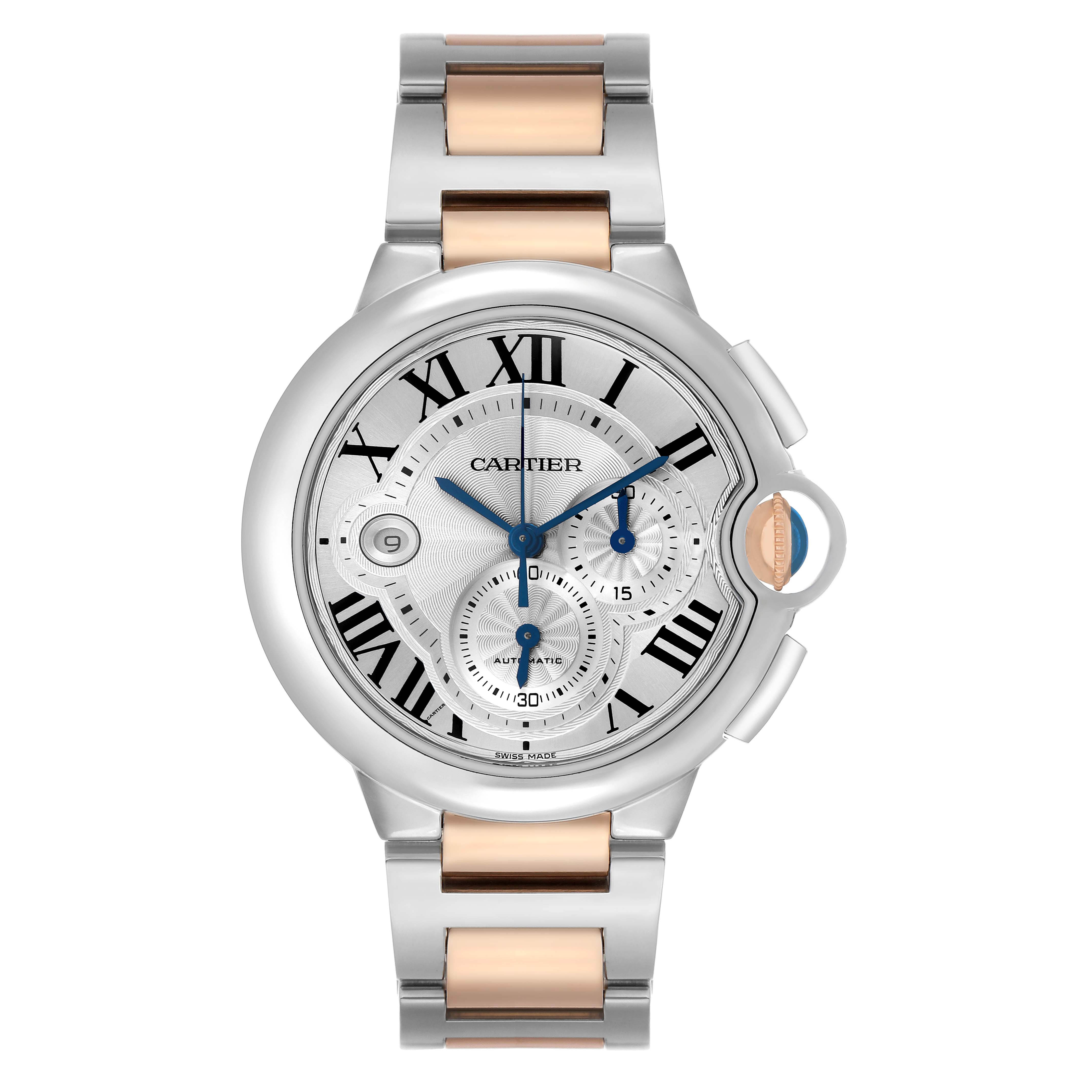 The Cartier Ballon Bleu W6920063 Men's Steel and Gold (two tone) Silver Dial watch is shown from the front, highlighting its face, dial, and two-tone bracelet.