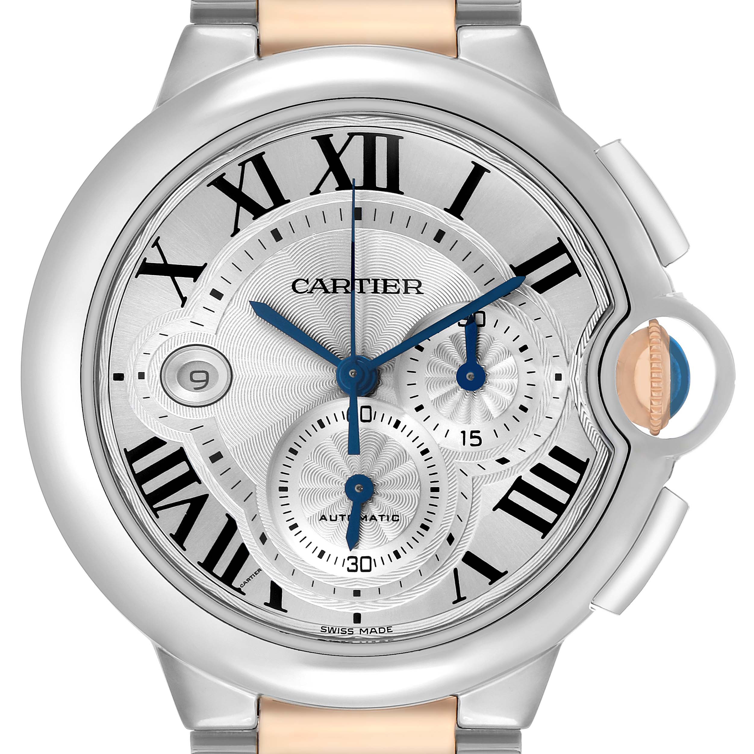 The Cartier Ballon Bleu W6920063 Men's Steel and Gold (two tone) Silver Dial watch is shown from the front, highlighting its dial, Roman numerals, and notable crown design.