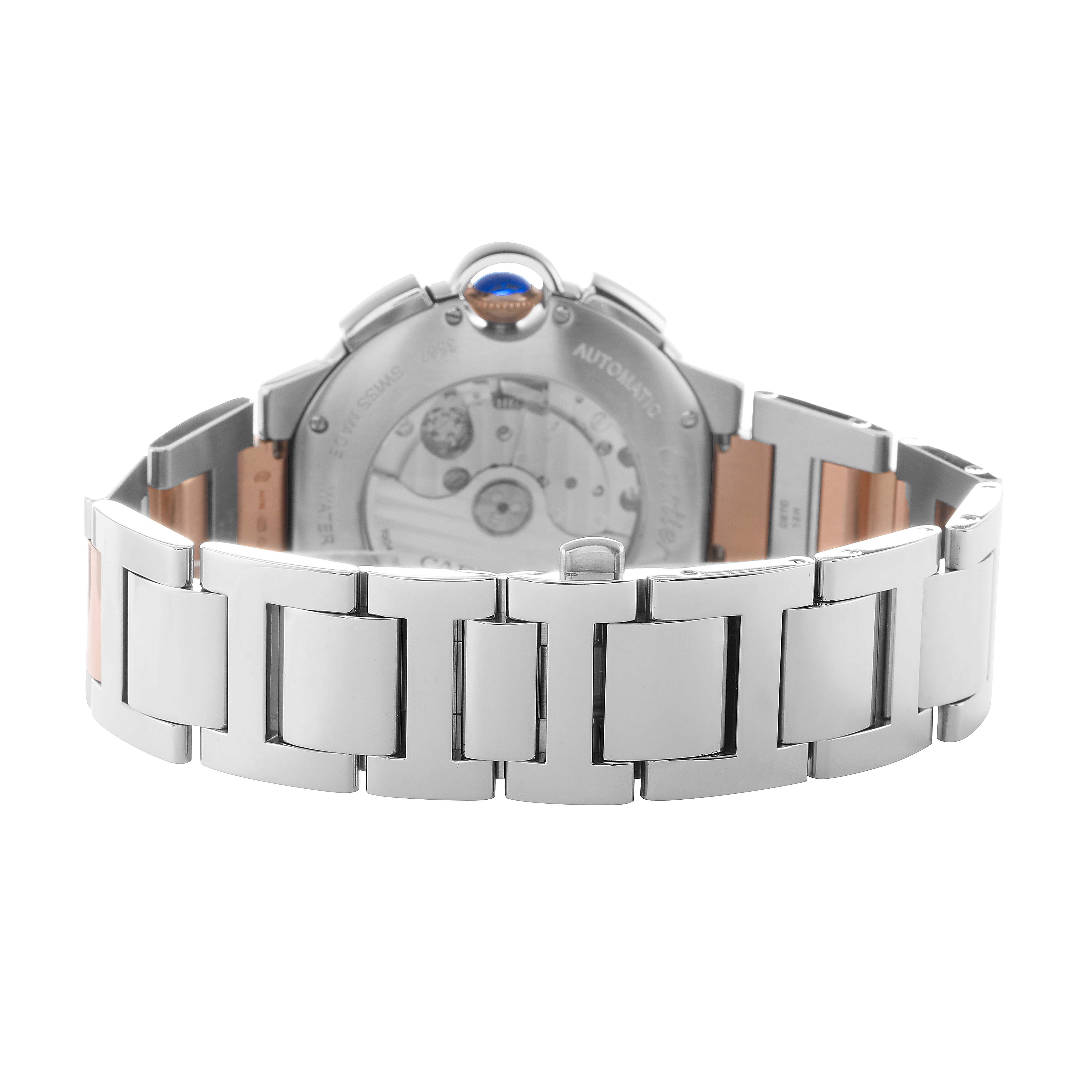 The image shows the back of a Cartier Ballon Bleu W6920063 Men's Steel and Gold (two tone) Silver Dial watch, highlighting the bracelet and case back.