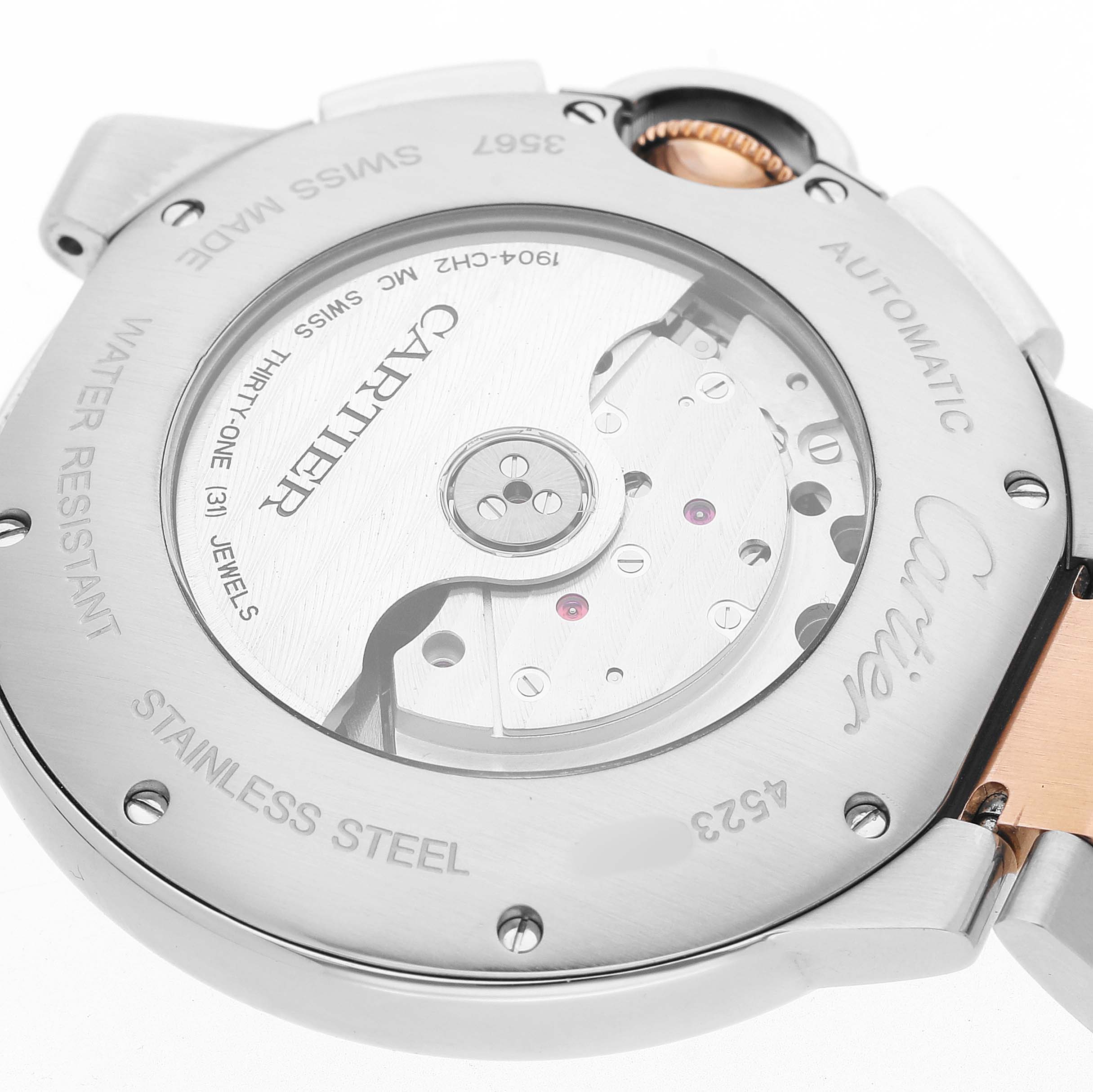 The image shows the back of a Cartier Ballon Bleu W6920063 Men's Steel and Gold (two tone) Silver Dial watch, highlighting the automatic movement and engravings.