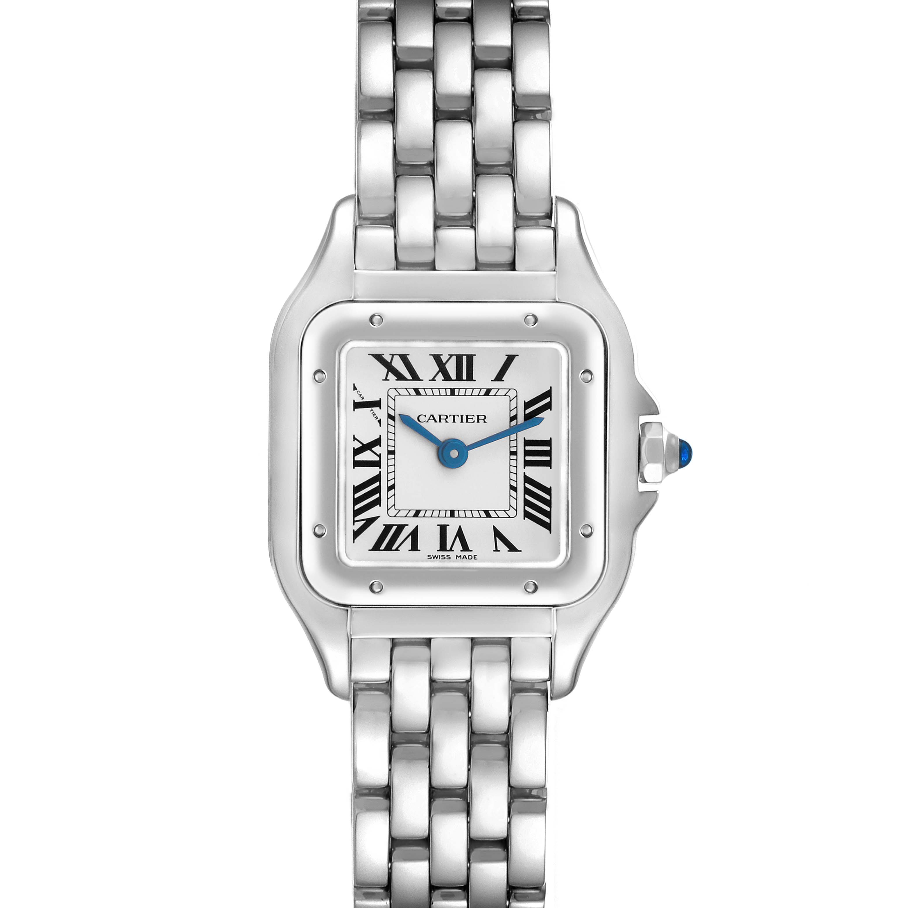 The Cartier Panthère watch is shown from the front, highlighting its square face, Roman numerals, and metallic bracelet.