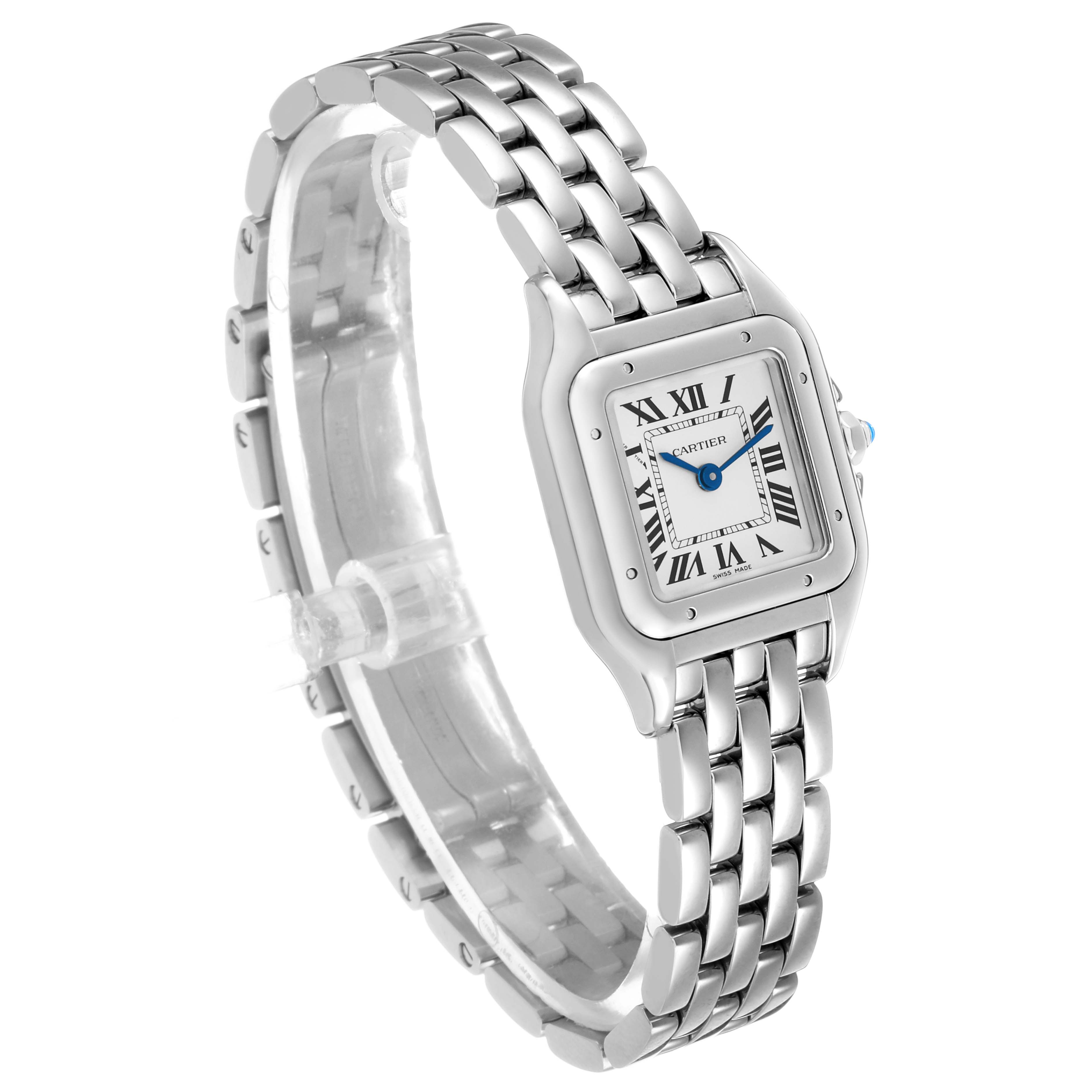 The image shows a Cartier Panthère watch at a three-quarter angle, highlighting its square face and bracelet links.