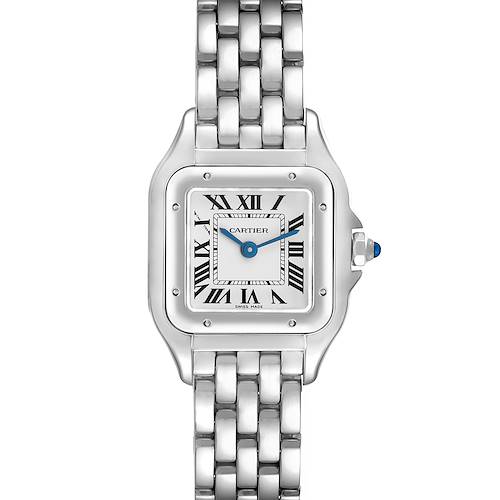 The Cartier Panthere WSPN0006 Women's Stainless Steel Silver Dial watch is shown from the front, displaying its square face, Roman numerals, blue hands, and linked bracelet.