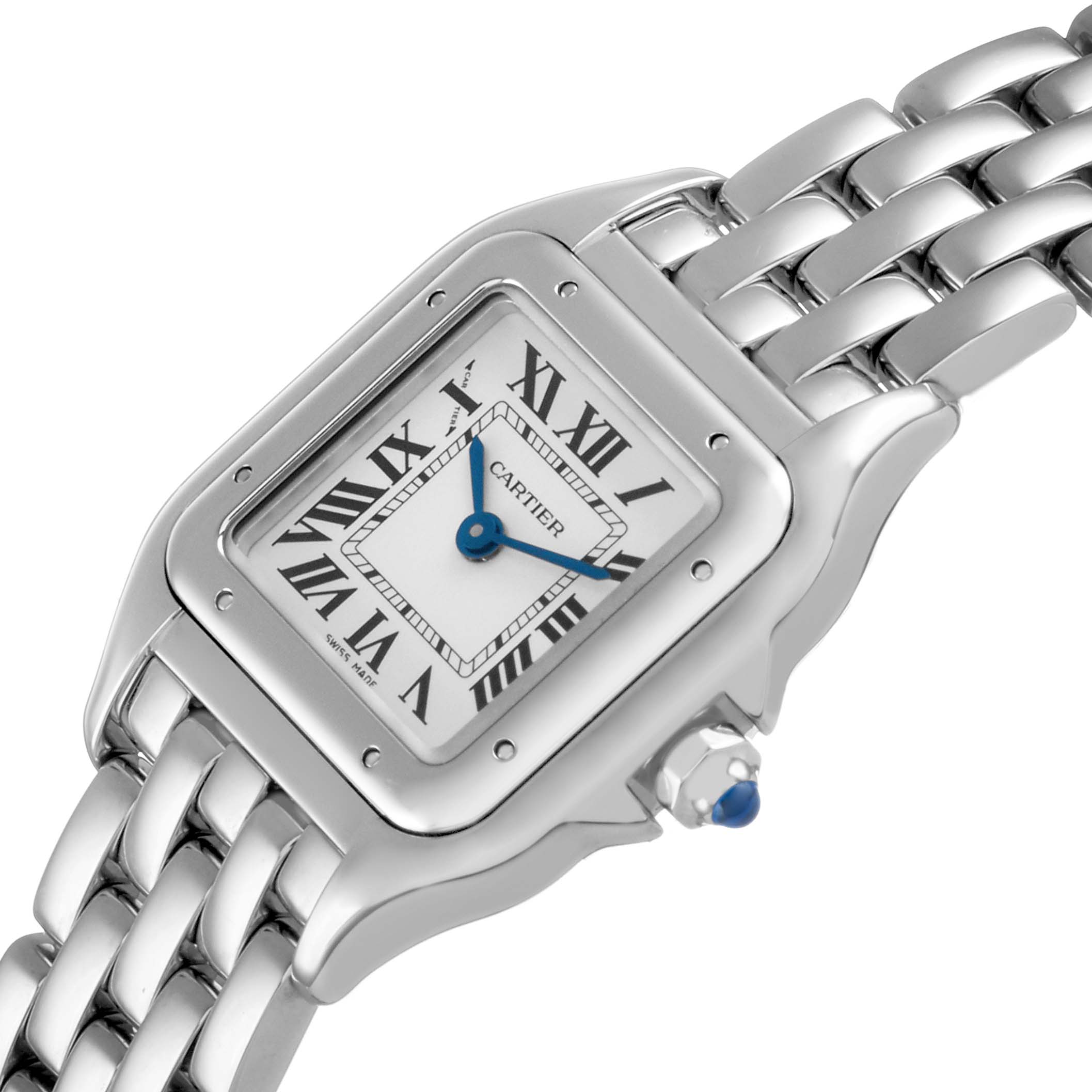 The image shows a close-up angled view of a Cartier Panthere WSPN0006 Women's Stainless Steel Silver Dial watch, highlighting the dial, bezel, crown, and part of the bracelet.
