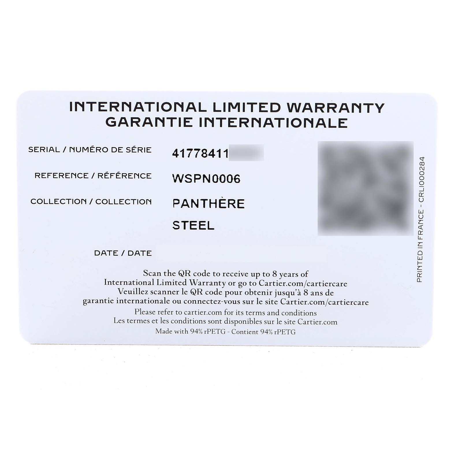 The image shows the international limited warranty card for the Cartier Panthère watch, providing model and serial details.