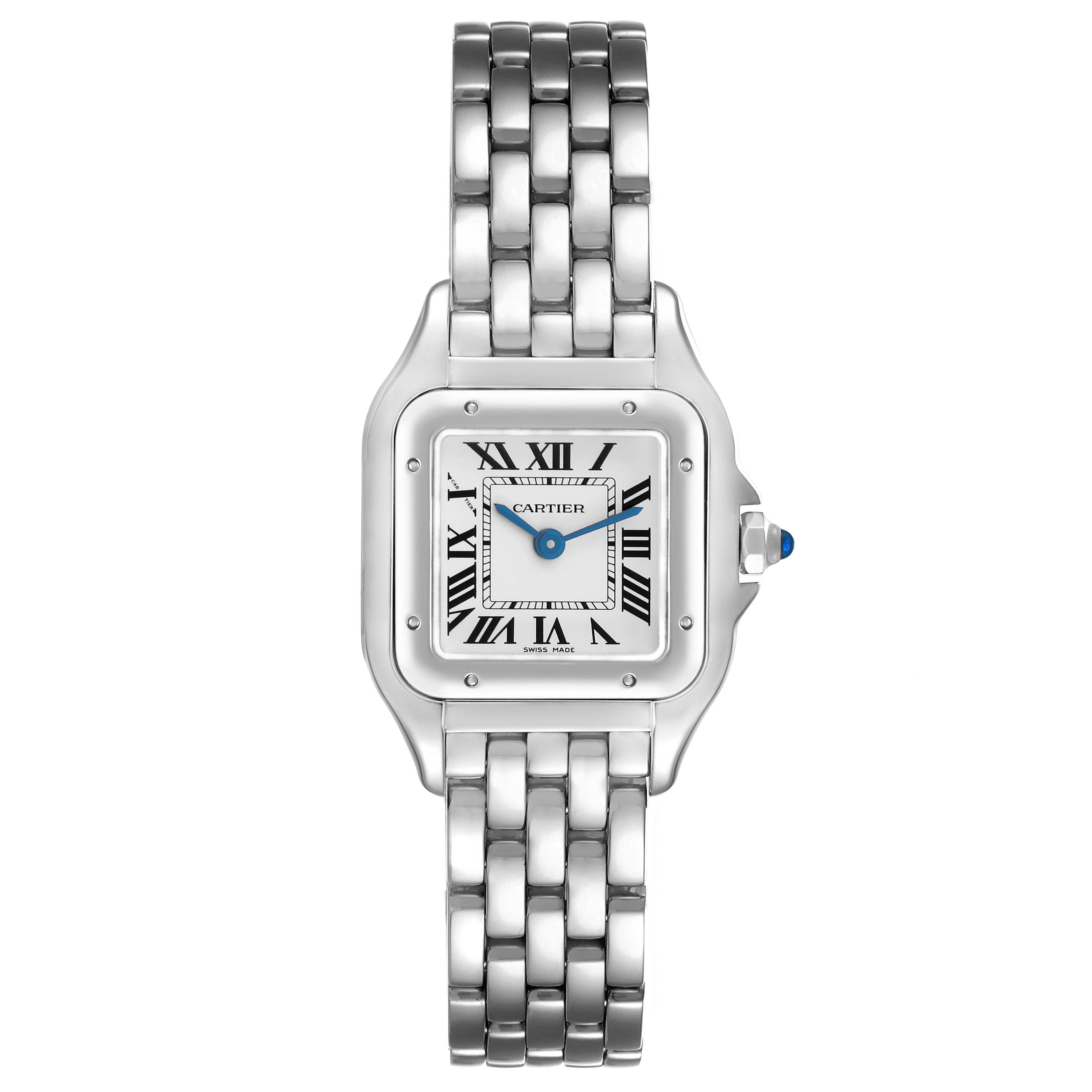 The Cartier Panthere WSPN0006 Women's Stainless Steel Silver Dial watch is shown from a front angle, displaying the face, bezel, and metal bracelet.