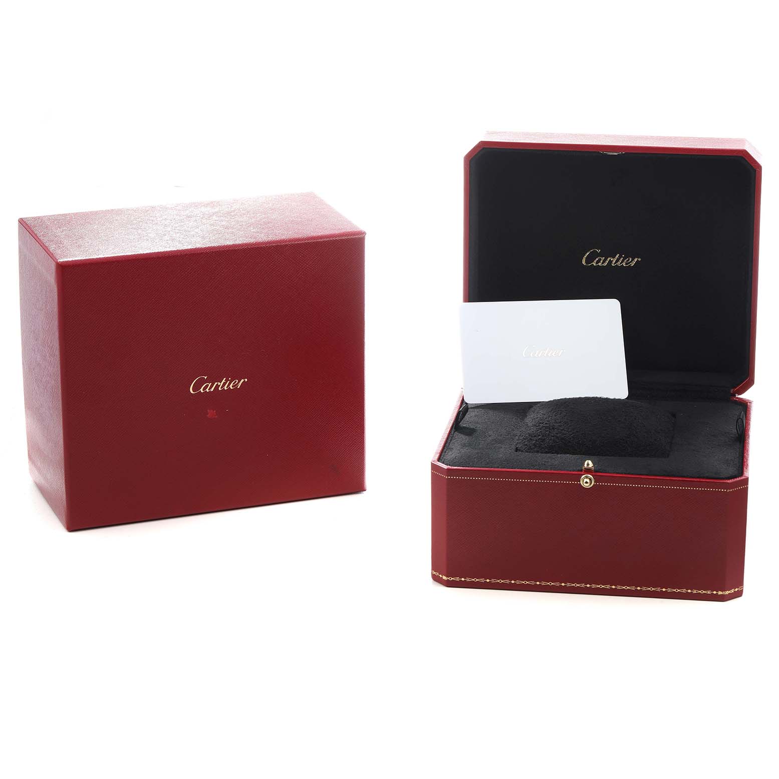 The image shows the open and closed red boxes for a Panthère de Cartier watch, with a card and cushion inside.