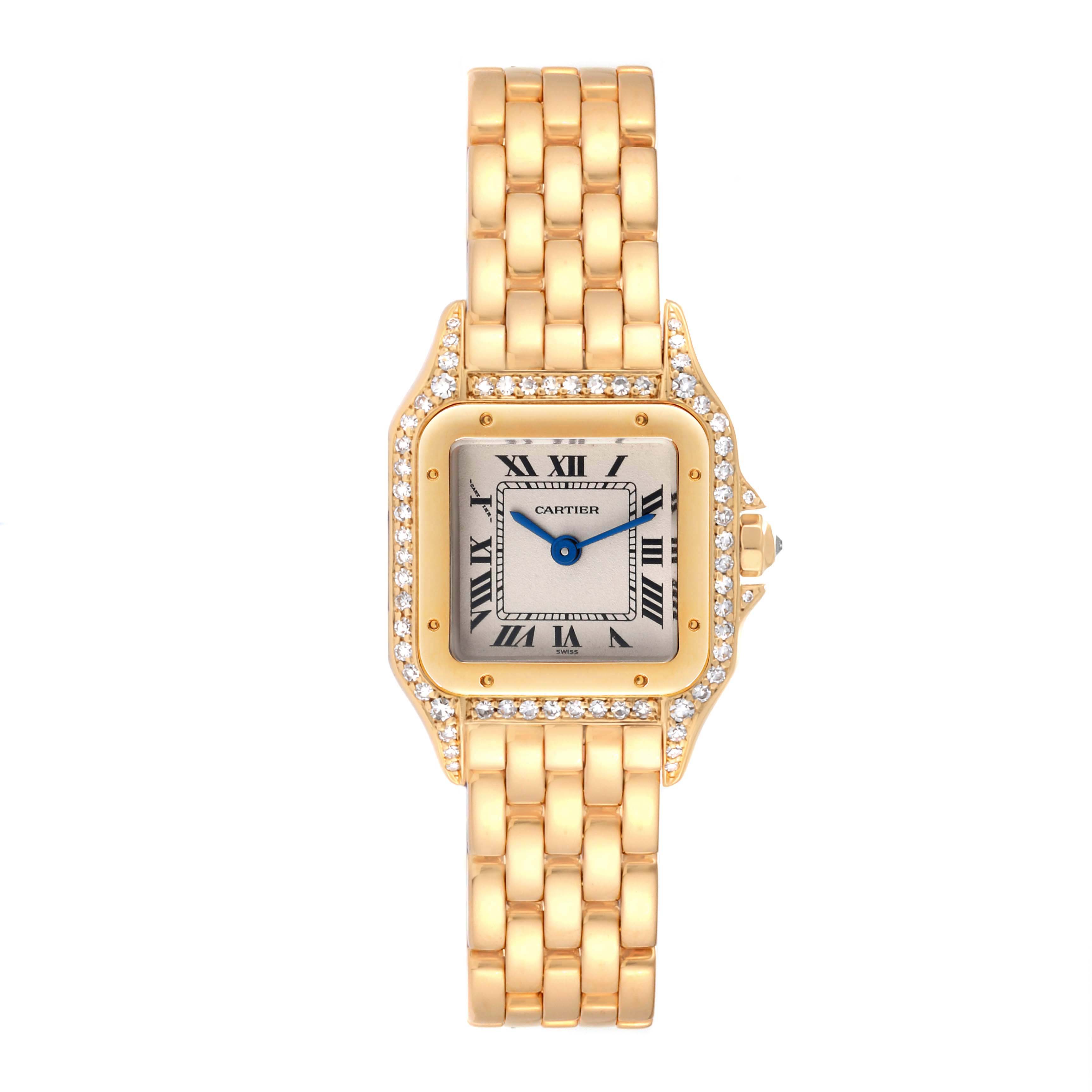 This image shows a Panthere de Cartier watch from a top-down perspective, featuring a gold bracelet and diamond-accented bezel.
