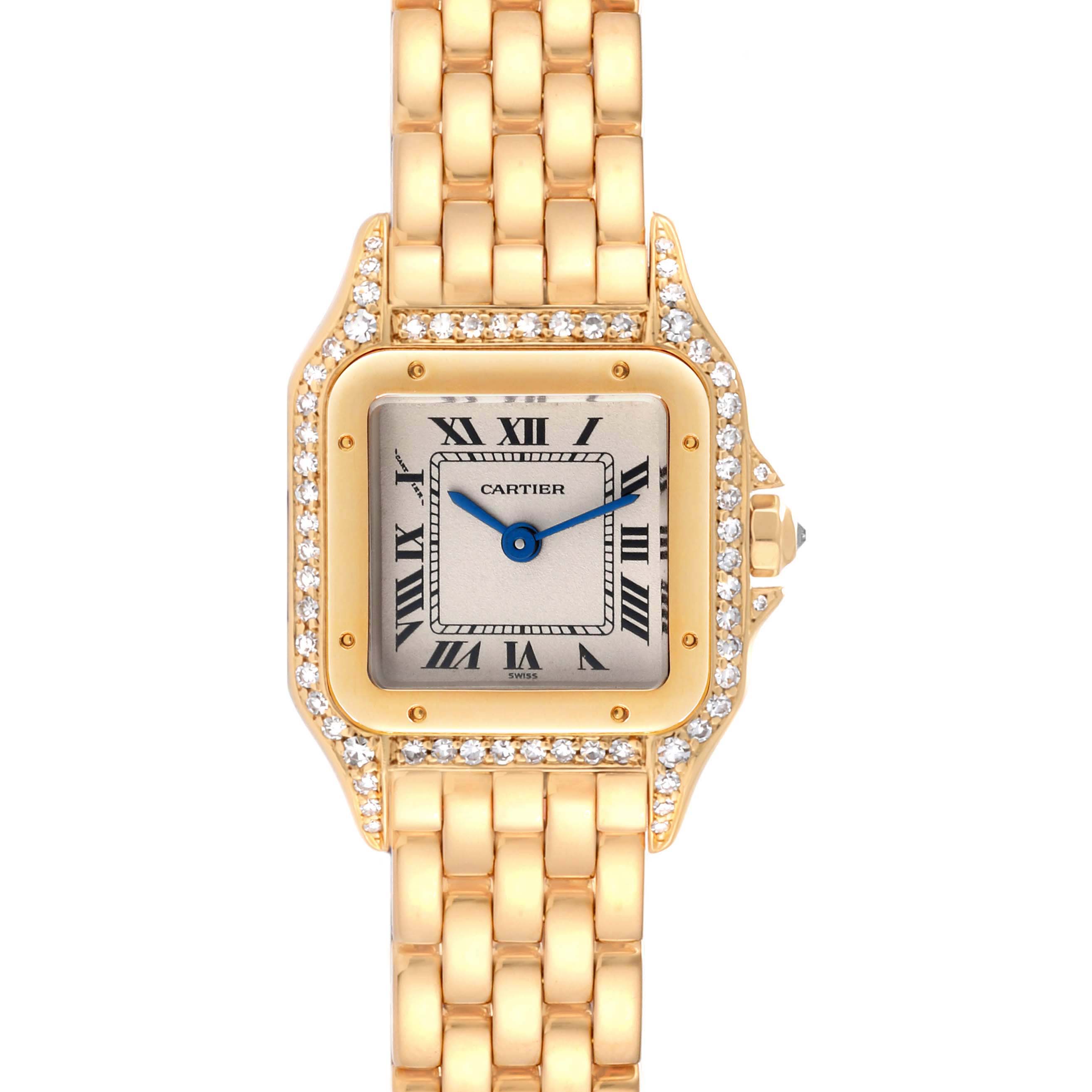 The image shows a frontal view of a Cartier Panthere 17439 Women's Yellow Gold Silver Dial 17439 Women's Yellow Gold Silver Dial model watch, highlighting the gold bracelet, diamond bezel, and face.