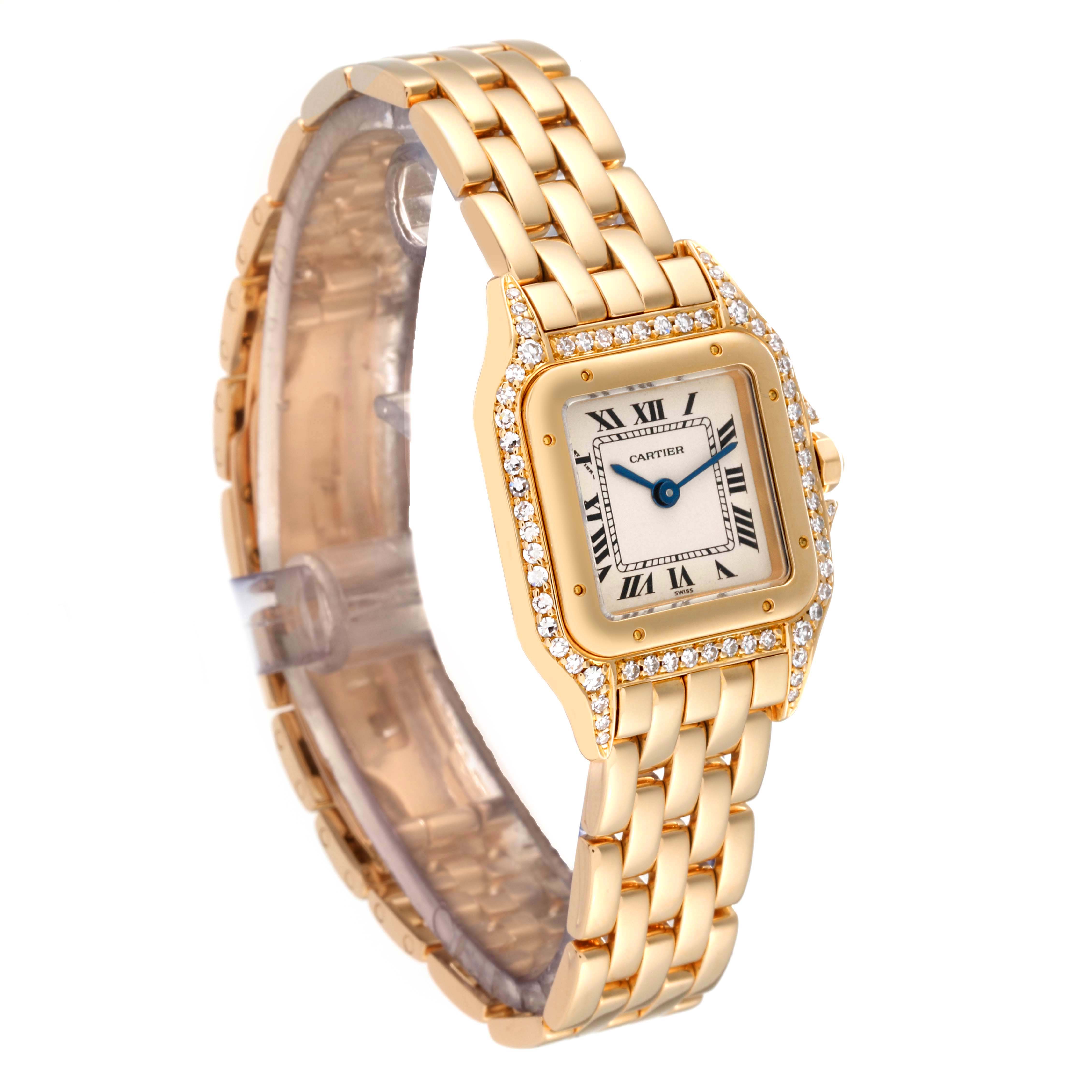 The Cartier Panthere 17439 Women's Yellow Gold Silver Dial 17439 Women's Yellow Gold Silver Dial watch is shown at a three-quarter angle, highlighting its gold bracelet, diamond-set bezel, and square face.