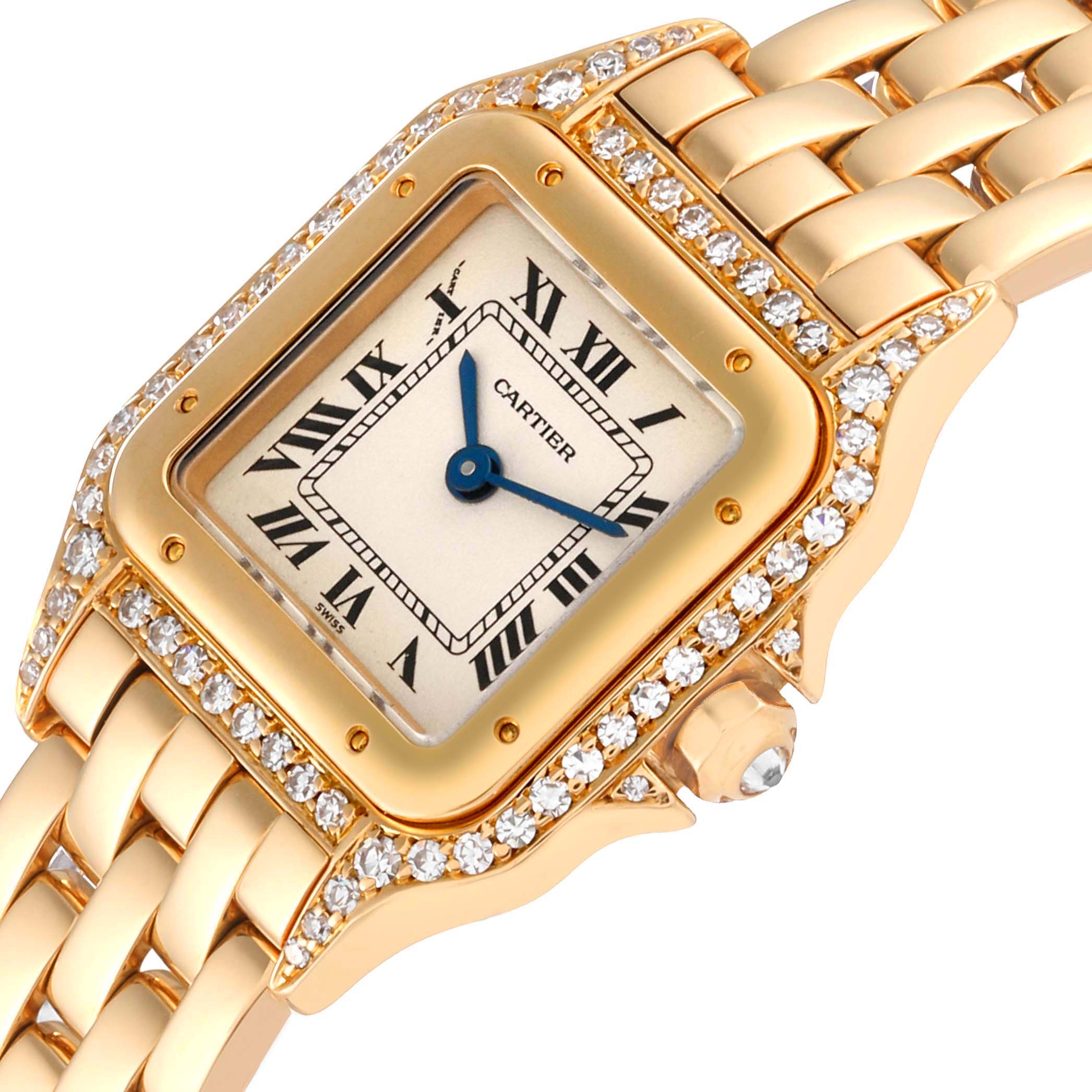 The image shows a close-up of the Panthere de Cartier watch face, bezel, and part of the gold bracelet.