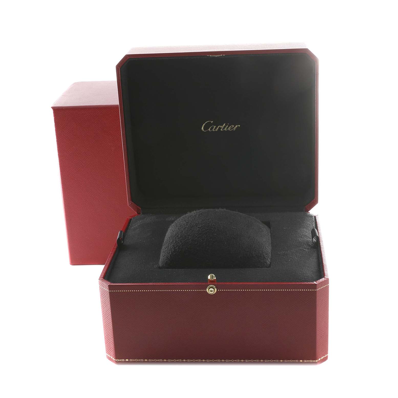The image shows an open red Cartier watch box for the Panthere model, with a black cushion inside.