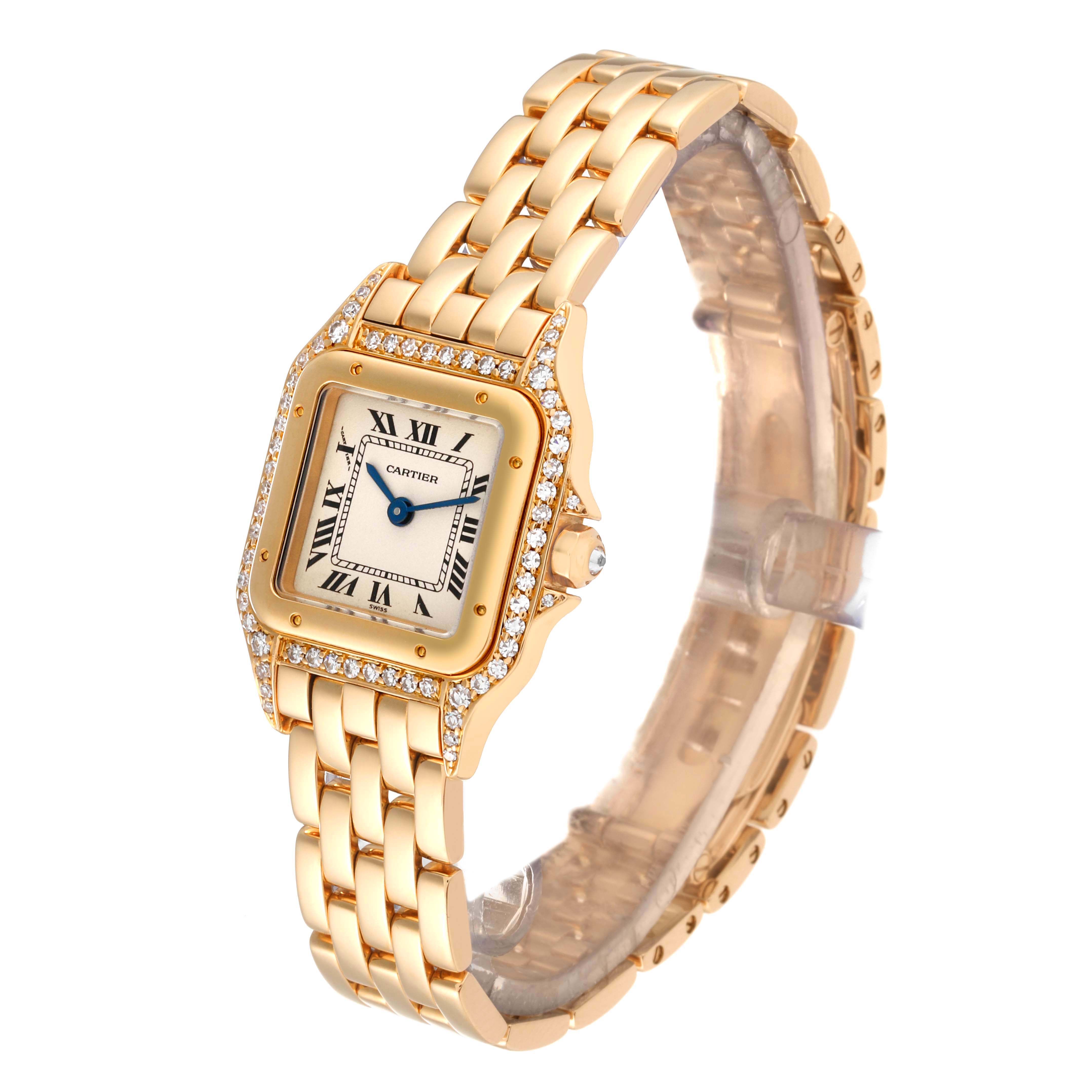 The image shows a Cartier Panthere 17439 Women's Yellow Gold Silver Dial 17439 Women's Yellow Gold Silver Dial watch at a three-quarter angle, highlighting its gold casing, diamond bezel, and bracelet.