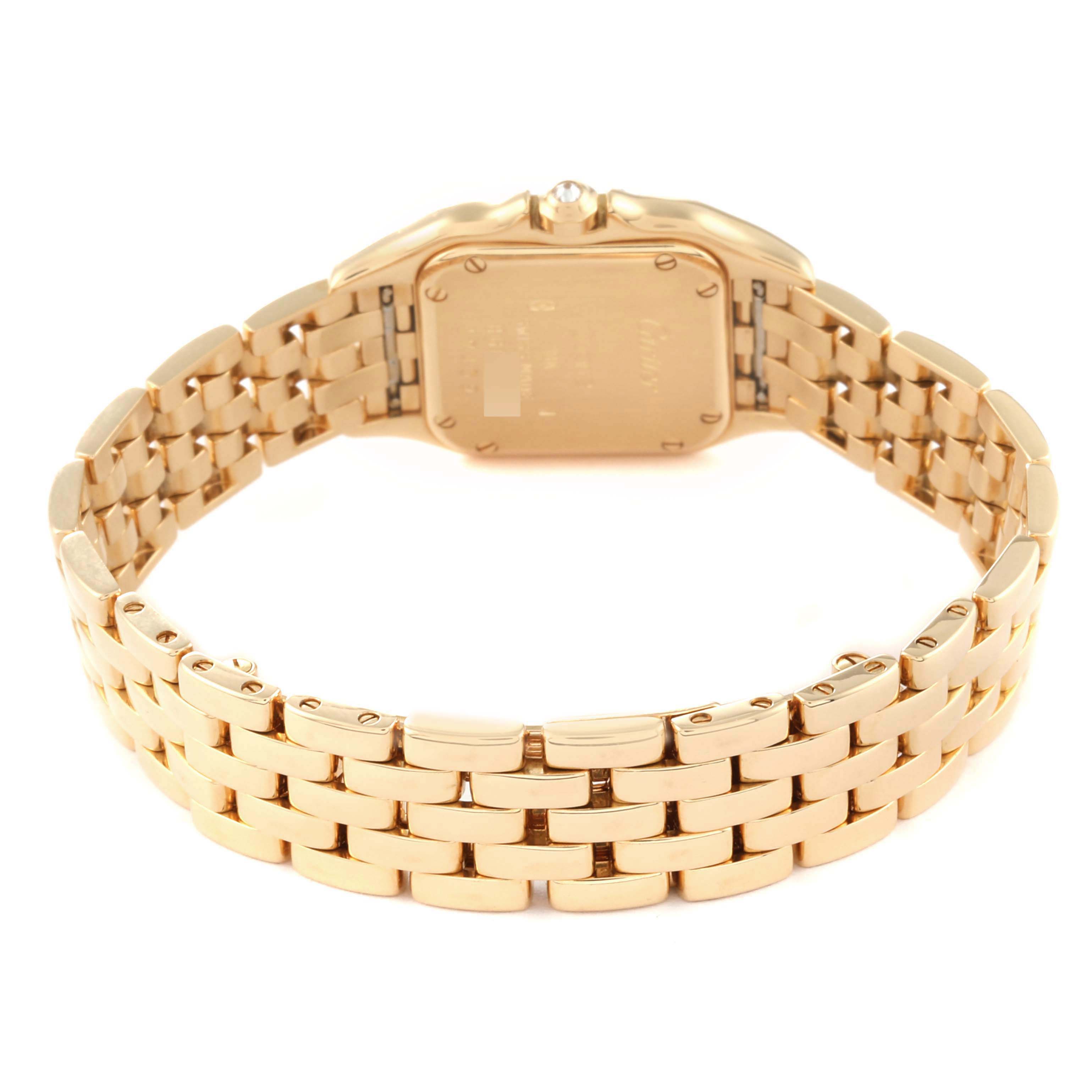 This image shows the back view of a Cartier Panthere 17439 Women's Yellow Gold Silver Dial 17439 Women's Yellow Gold Silver Dial watch, highlighting its gold case and bracelet.