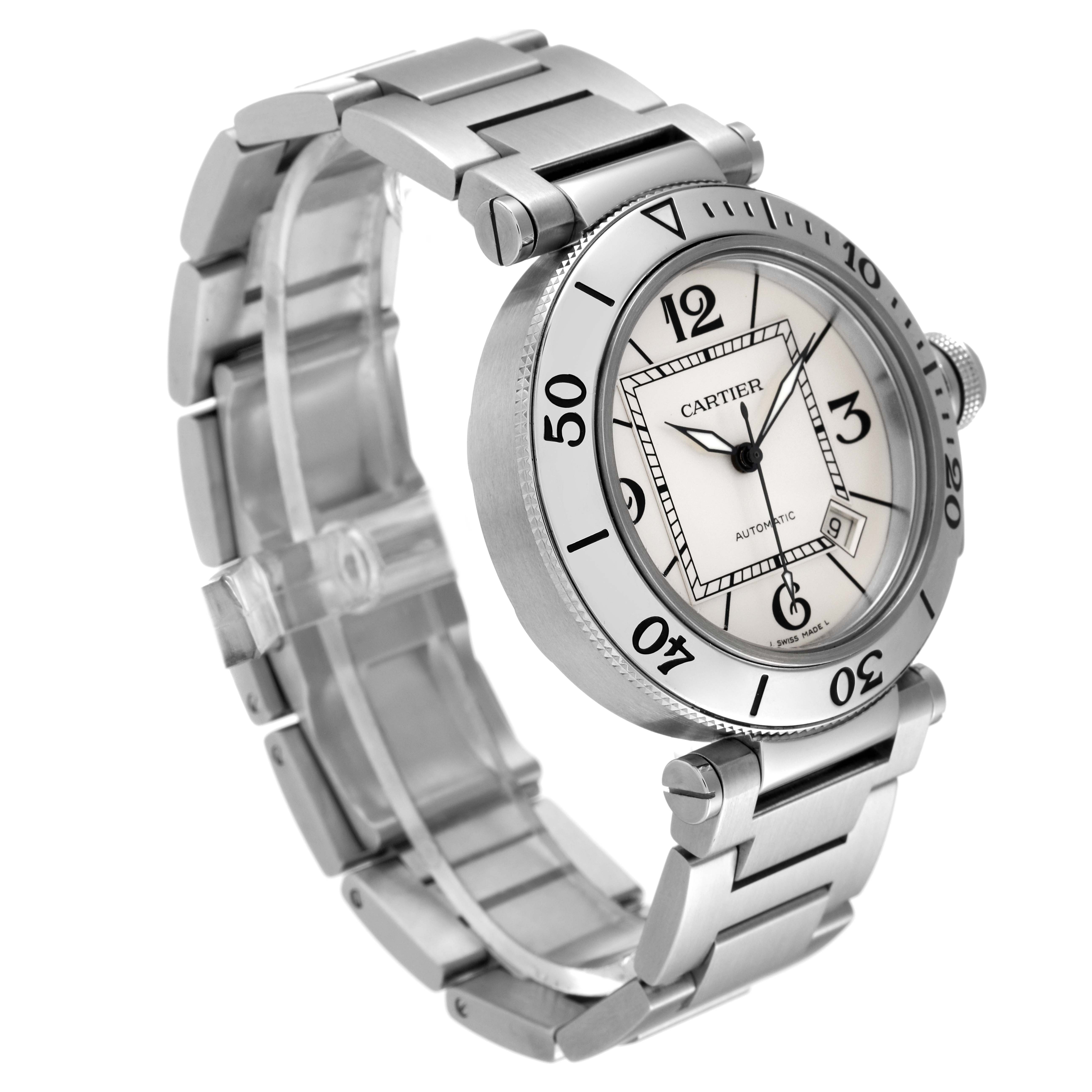 The image shows a Cartier Pasha W31080M7 Men
s Stainless Steel Silver Dial W31080M7 Men
s Stainless Steel Silver Dial watch at a 3/4 angle, displaying the dial, bezel, bracelet, and crown.