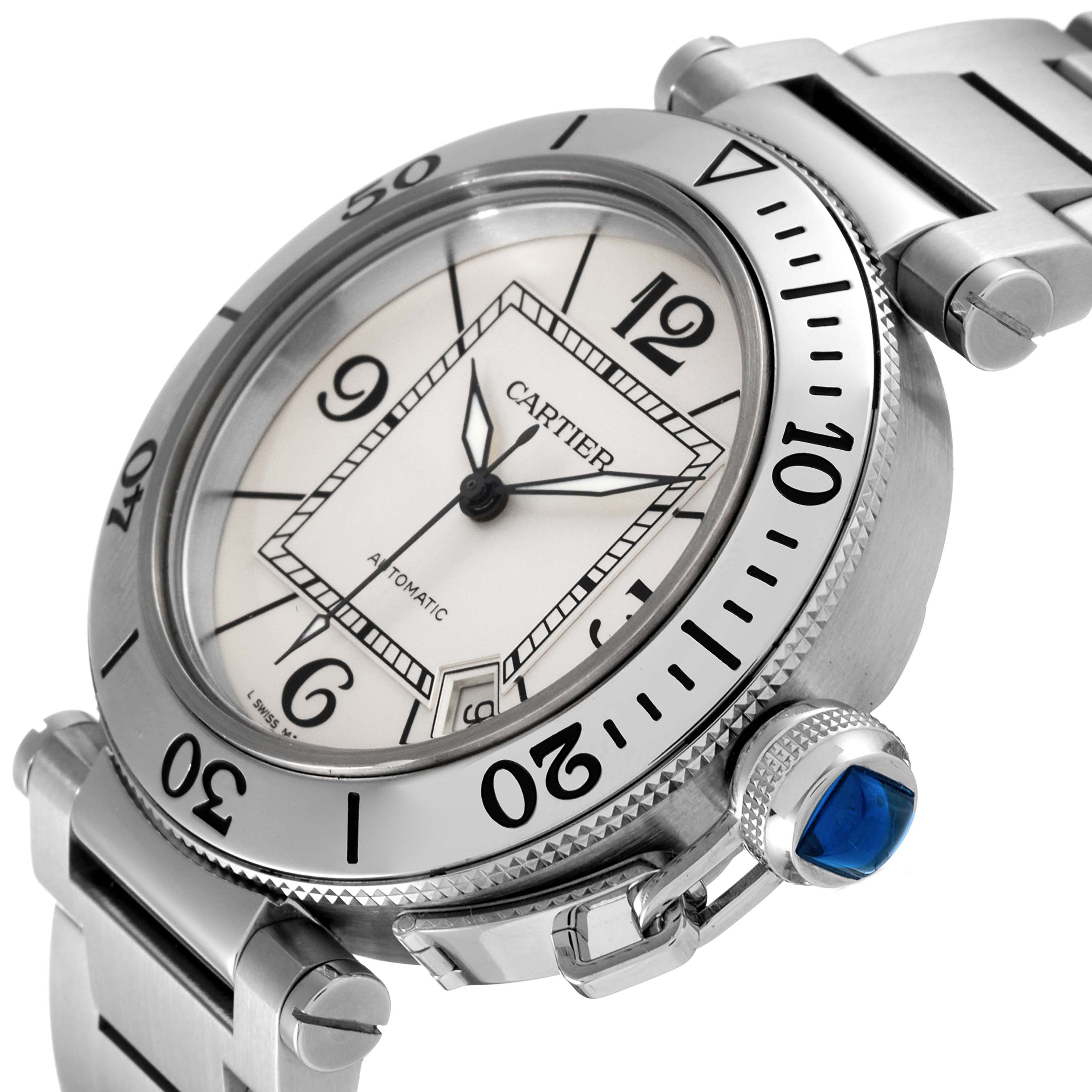 This image shows a close-up view of the Cartier Pasha W31080M7 Men
s Stainless Steel Silver Dial W31080M7 Men
s Stainless Steel Silver Dial watch, highlighting its bezel, dial, and crown.