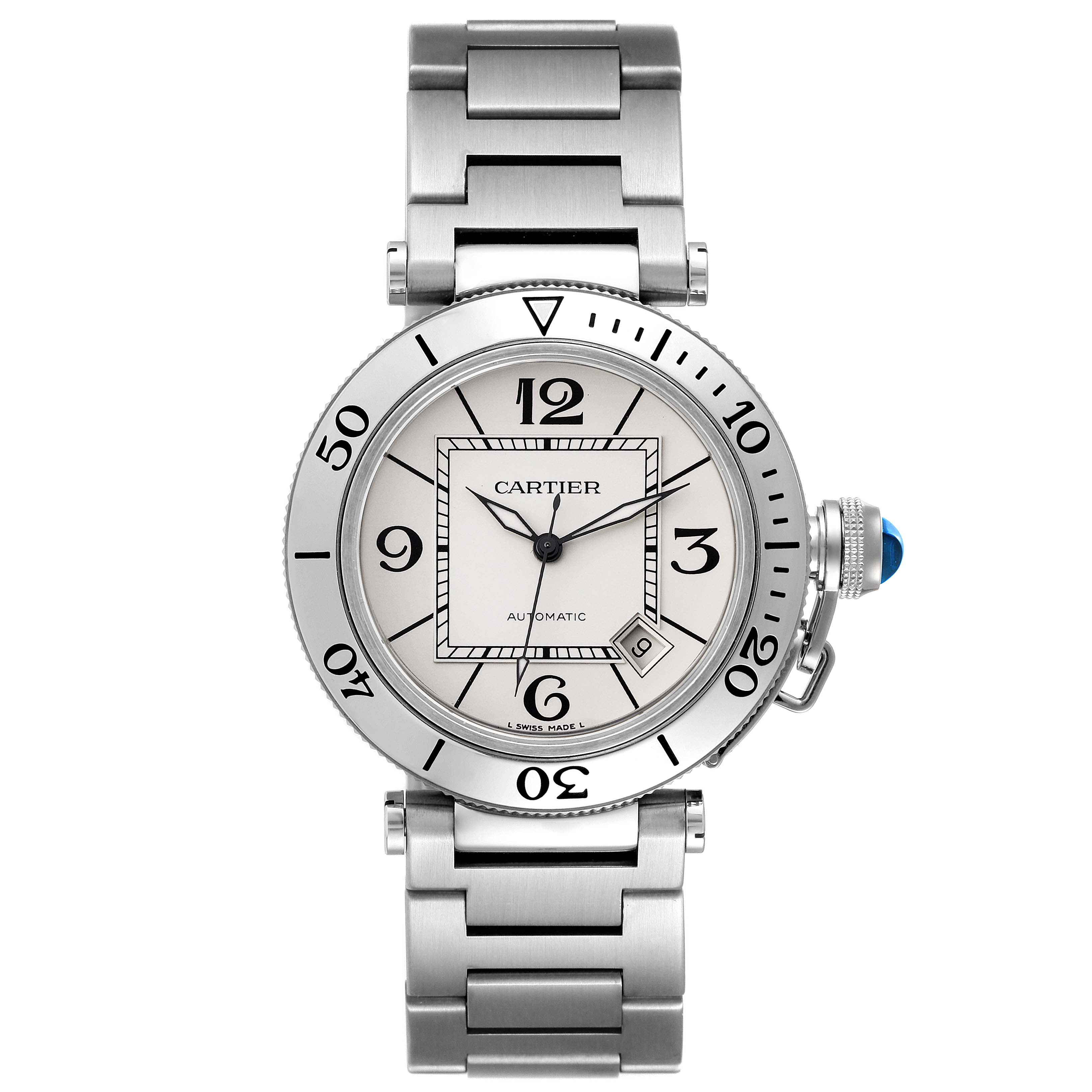 The Cartier Pasha W31080M7 Men
s Stainless Steel Silver Dial W31080M7 Men
s Stainless Steel Silver Dial watch is shown from a top-down angle, displaying the face and metal bracelet.