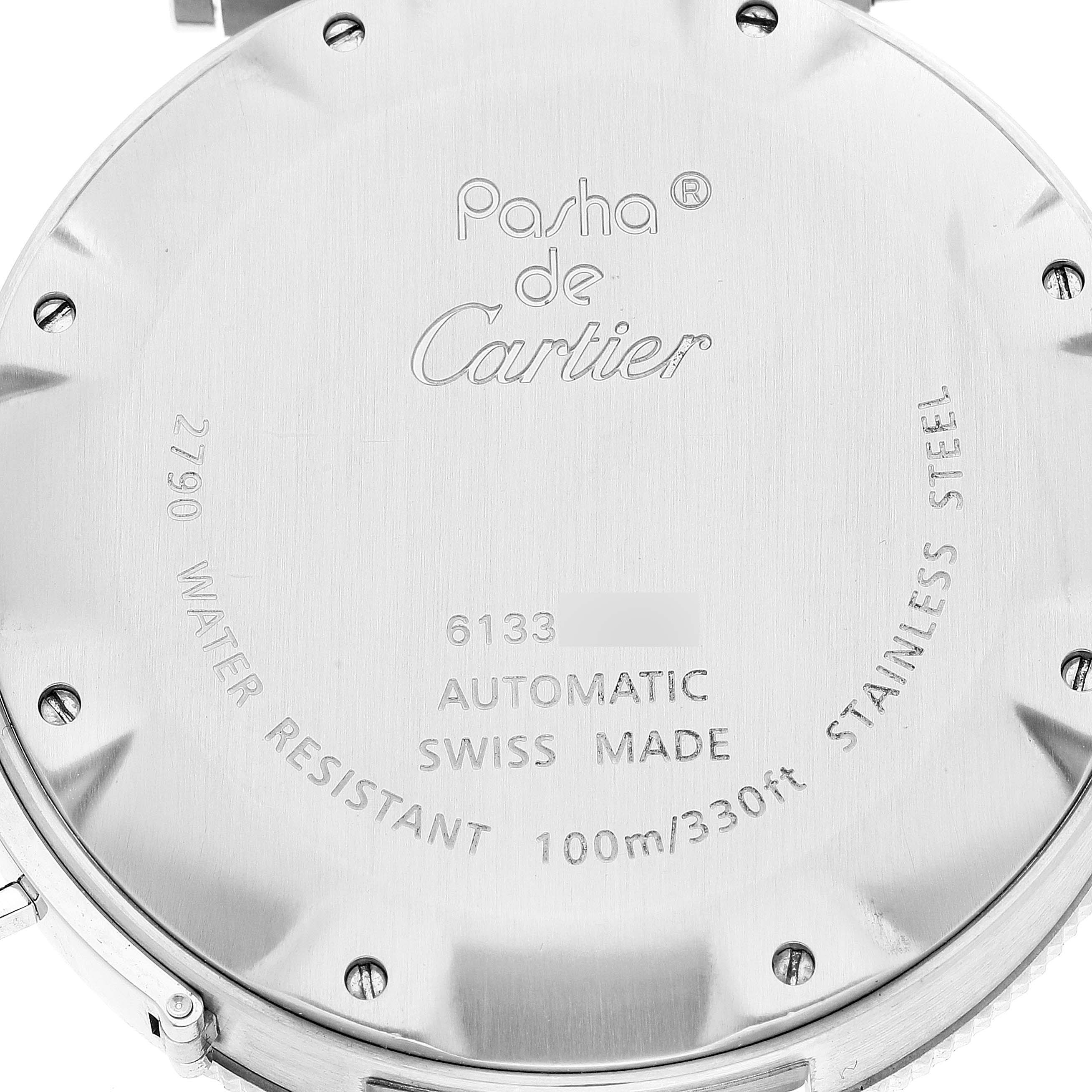 The image shows the back case of a Cartier Pasha W31080M7 Men
s Stainless Steel Silver Dial W31080M7 Men
s Stainless Steel Silver Dial watch, highlighting brand and model markings and water resistance specifications.