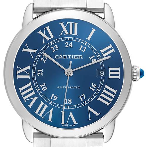 The Ronde model by Cartier is shown from the front, displaying its blue dial, Roman numerals, hands, date window, and crown.