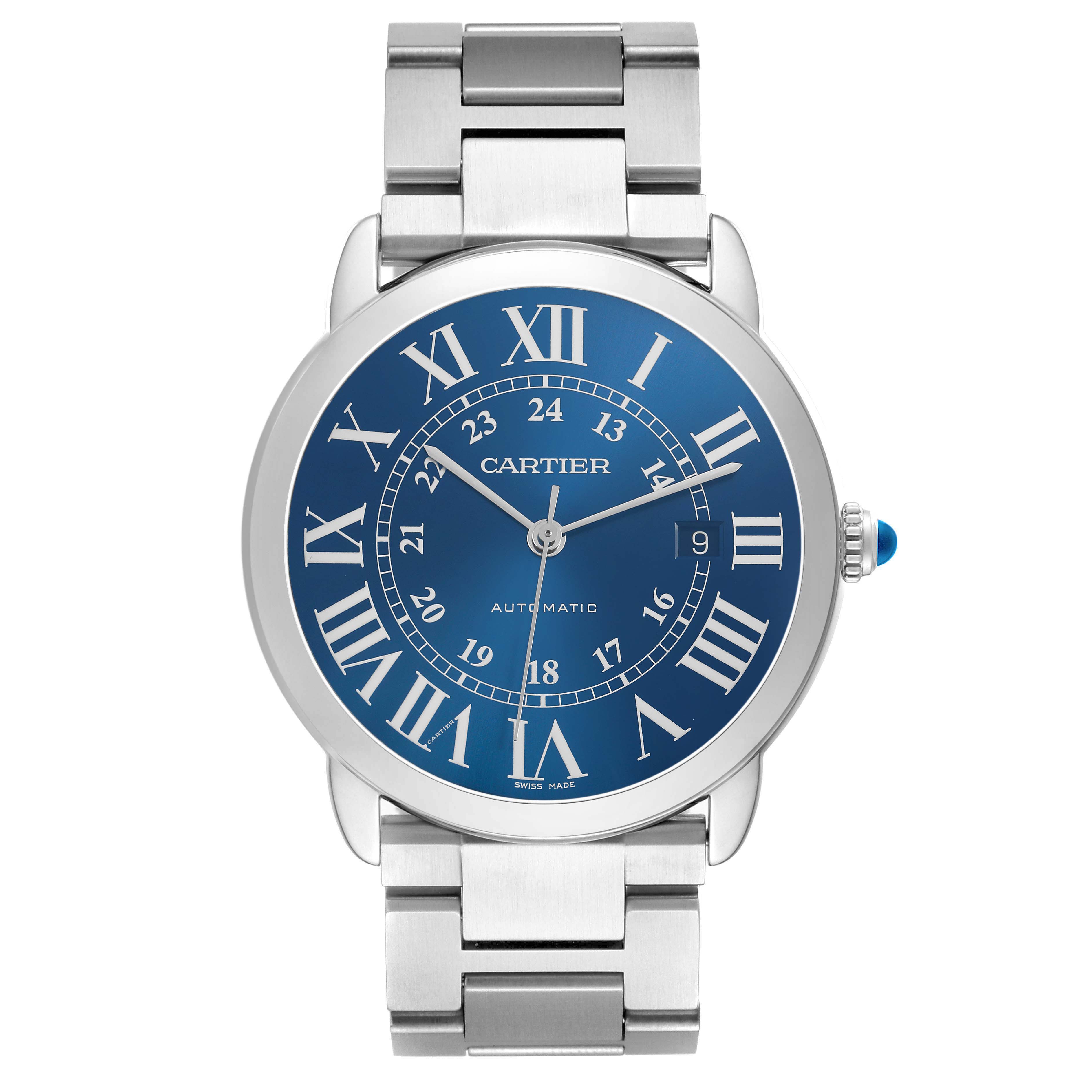 The Cartier Ronde WSRN0023 Men's Stainless Steel Blue Dial watch is shown from a front view, highlighting the blue dial, Roman numerals, hands, and metal bracelet.