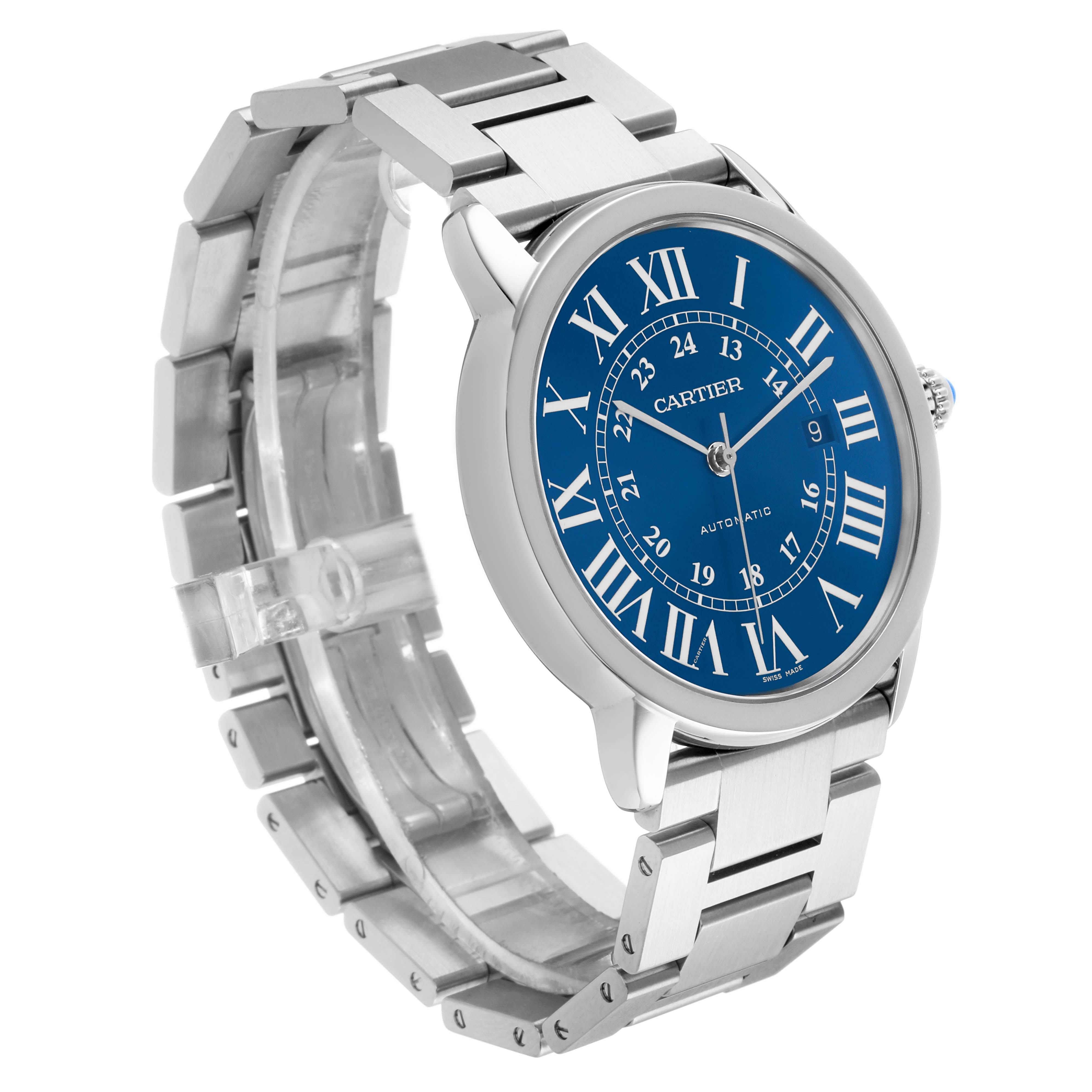 The Cartier Ronde WSRN0023 Men's Stainless Steel Blue Dial watch is shown at a slight side angle, highlighting the blue dial, Roman numerals, and metal bracelet.