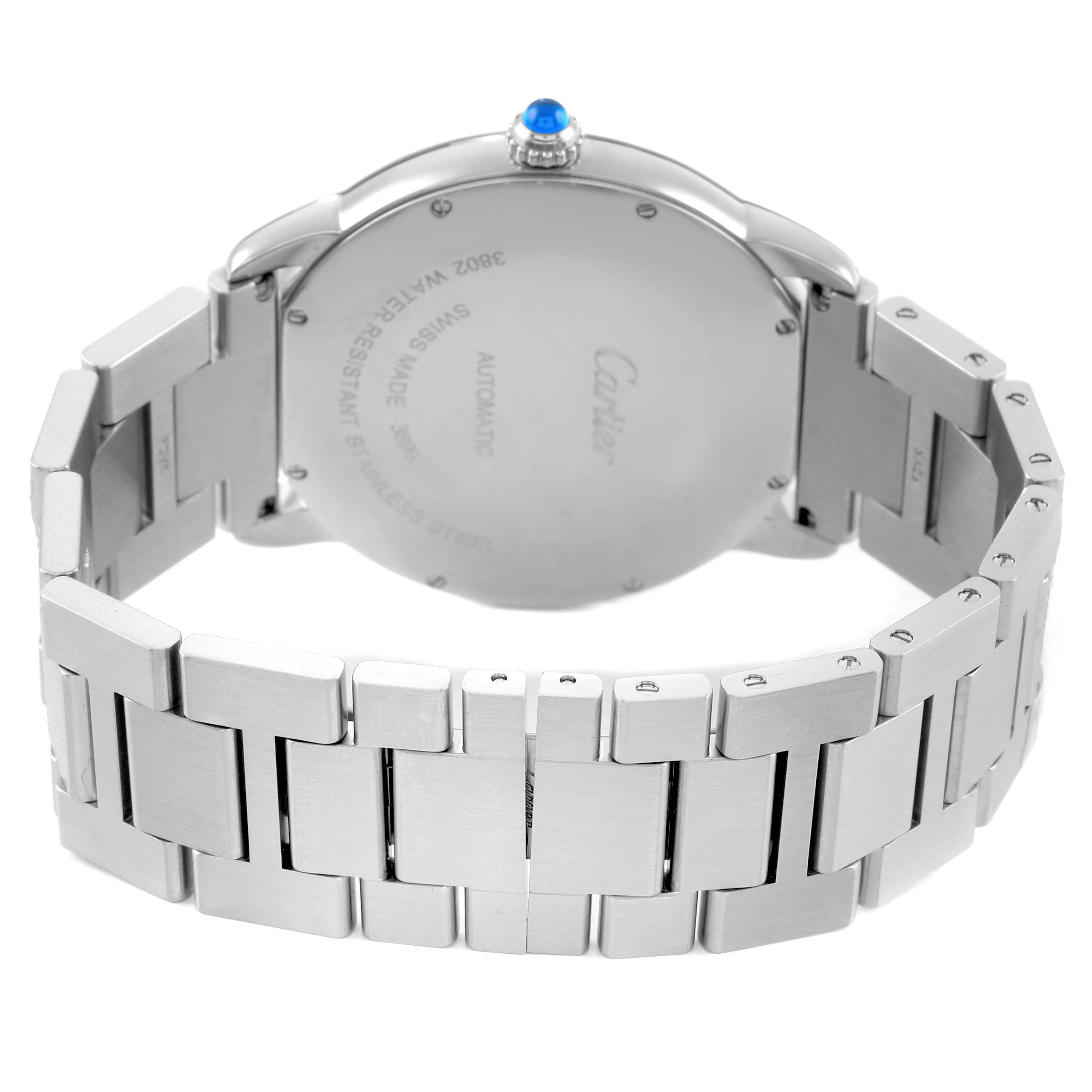 The image shows the back view of a Cartier Ronde WSRN0023 Men's Stainless Steel Blue Dial watch, highlighting the case back, bracelet, and crown with a blue cabochon.
