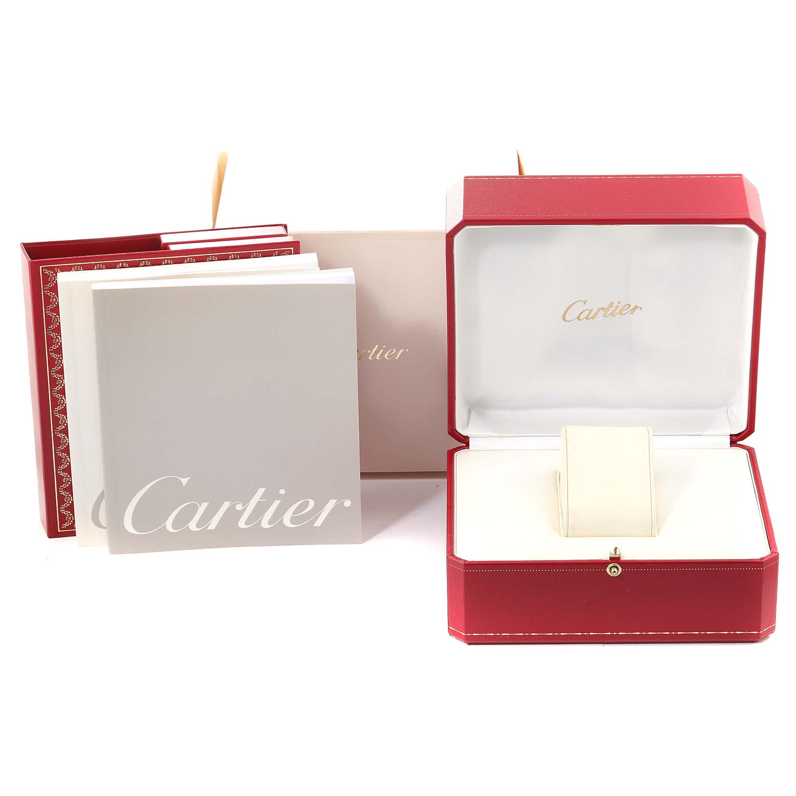The image displays the packaging and booklets for the Cartier Tank Francaise W51008Q3 Women's Stainless Steel Silver Dial W51008Q3 Women's Stainless Steel Silver Dial watch, including the watch box and instruction manuals.