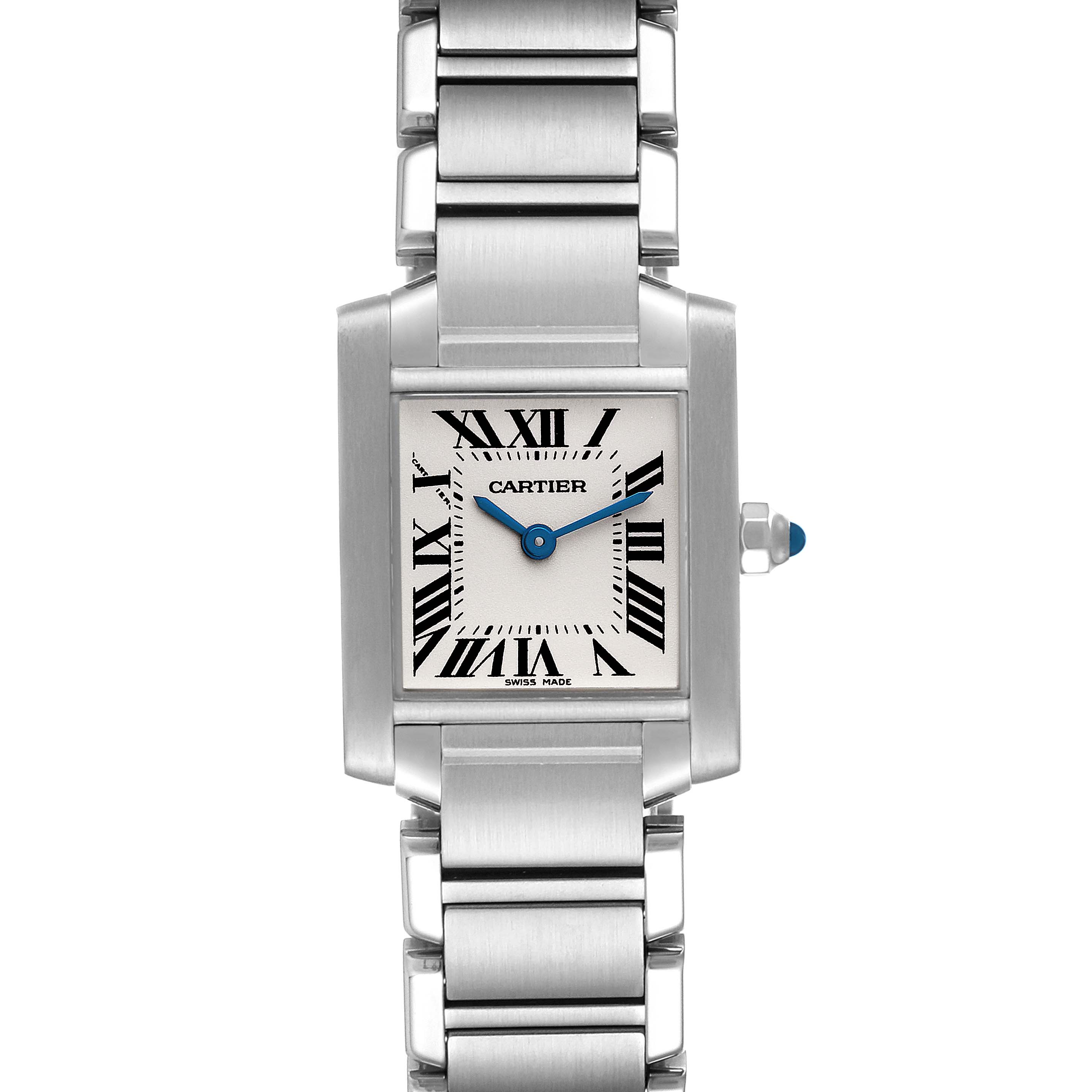 The Cartier Tank Francaise W51008Q3 Women's Stainless Steel Silver Dial W51008Q3 Women's Stainless Steel Silver Dial watch is shown from the front, displaying its face, bezel, and stainless steel bracelet.