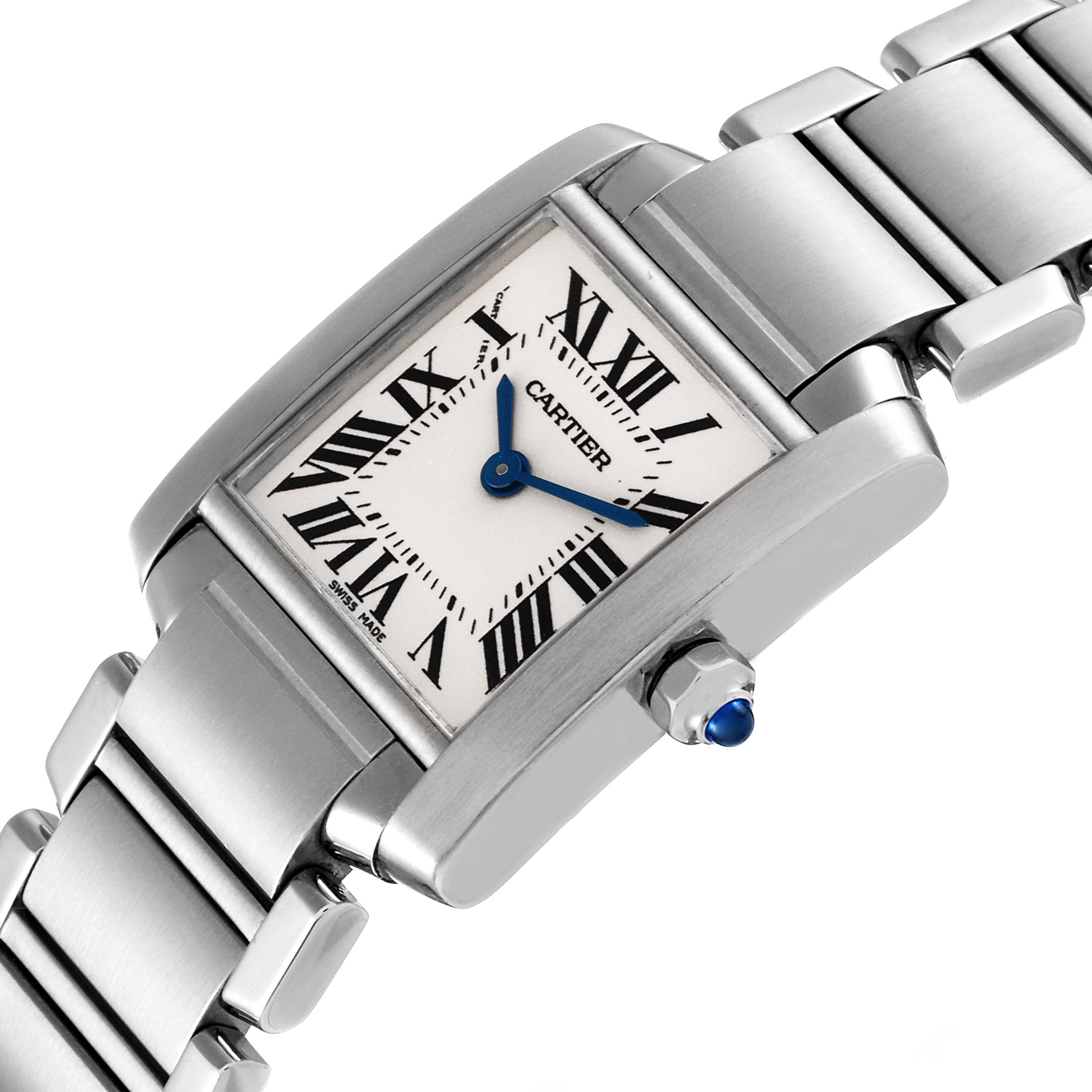 The image shows a close-up angle of the Cartier Tank Francaise W51008Q3 Women's Stainless Steel Silver Dial W51008Q3 Women's Stainless Steel Silver Dial watch, focusing on the dial, crown, and metal bracelet.