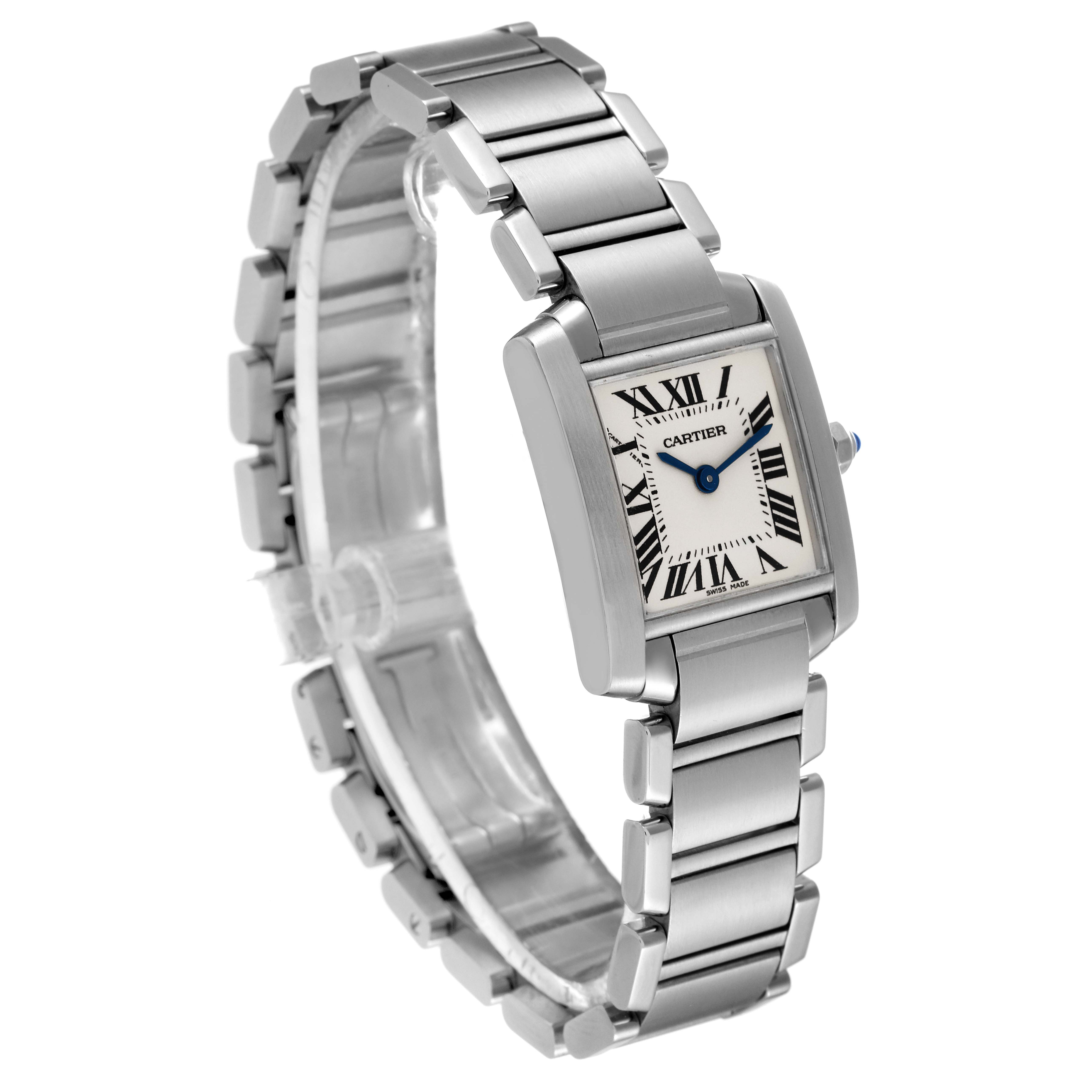 This image displays a Cartier Tank Francaise W51008Q3 Women's Stainless Steel Silver Dial W51008Q3 Women's Stainless Steel Silver Dial watch from a three-quarter view angle, showing the face and stainless steel bracelet.