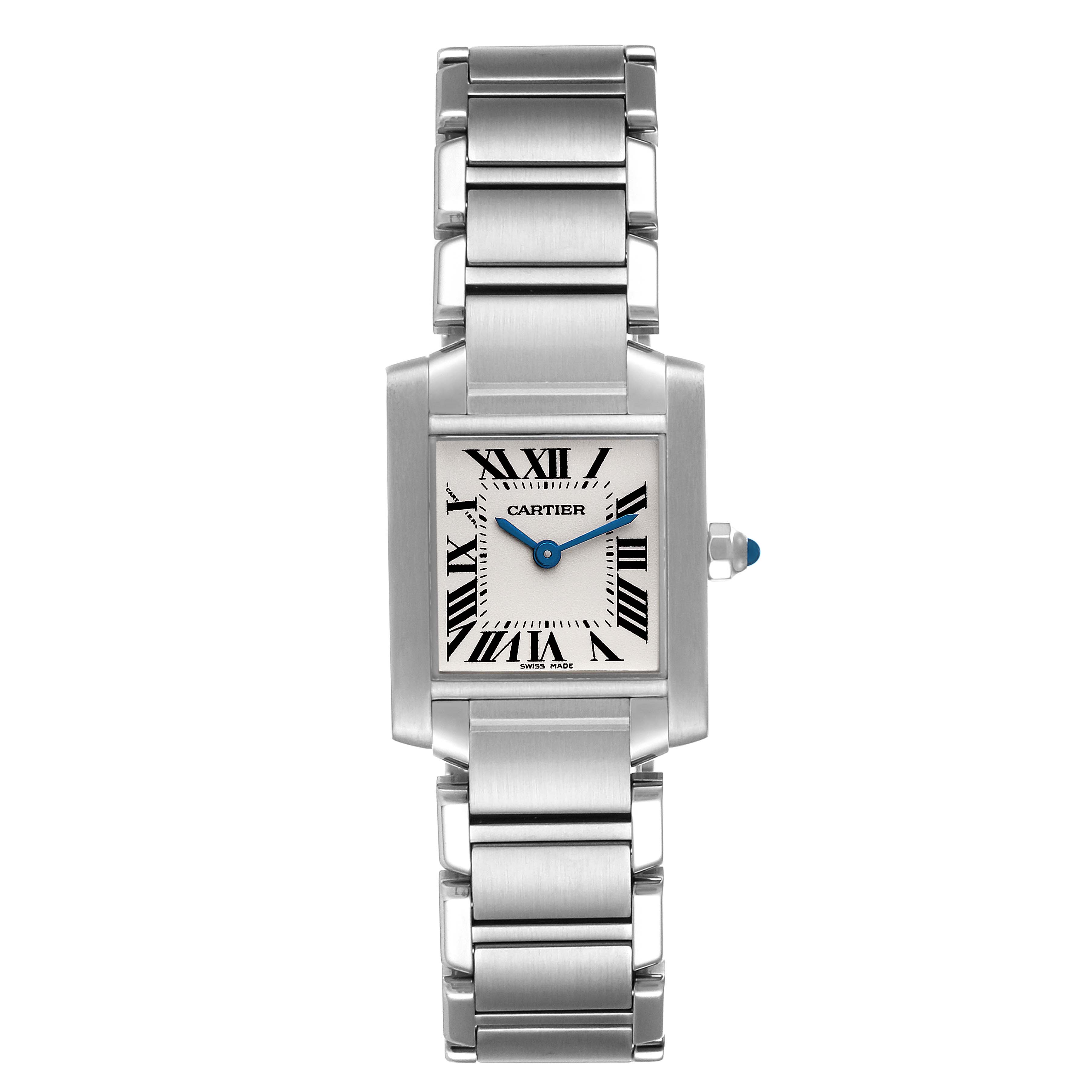 The image shows a front view of the Cartier Tank Francaise W51008Q3 Women's Stainless Steel Silver Dial W51008Q3 Women's Stainless Steel Silver Dial watch, highlighting its face, bracelet, and crown.