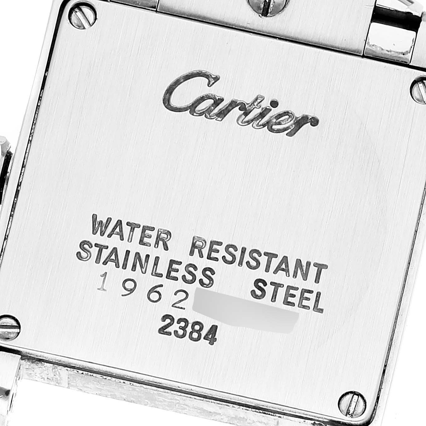 This image shows the back case of a Cartier Tank Francaise W51008Q3 Women's Stainless Steel Silver Dial W51008Q3 Women's Stainless Steel Silver Dial watch, highlighting its water resistance and stainless steel material.