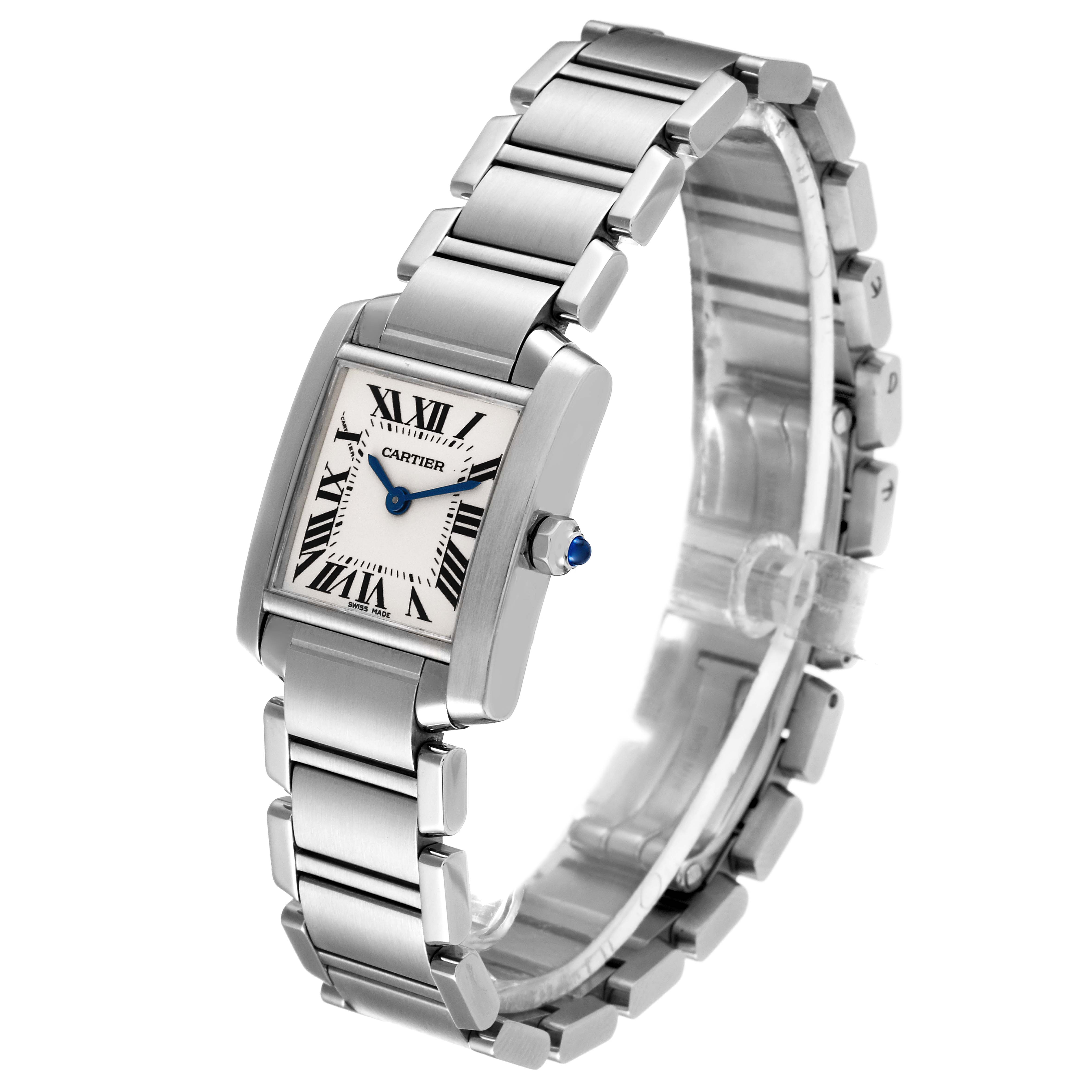 The watch, a Cartier Tank Francaise W51008Q3 Women's Stainless Steel Silver Dial W51008Q3 Women's Stainless Steel Silver Dial model, is shown at an angle highlighting its face, bracelet, and blue cabochon crown.