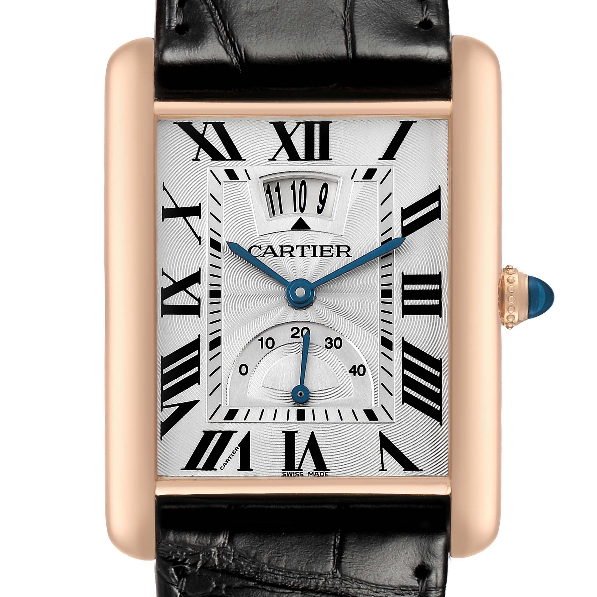 The Cartier Tank Louis W1560003 Men's Rose Gold Silver Dial watch is shown from the front, displaying the rectangular dial, Roman numerals, and blue hands.