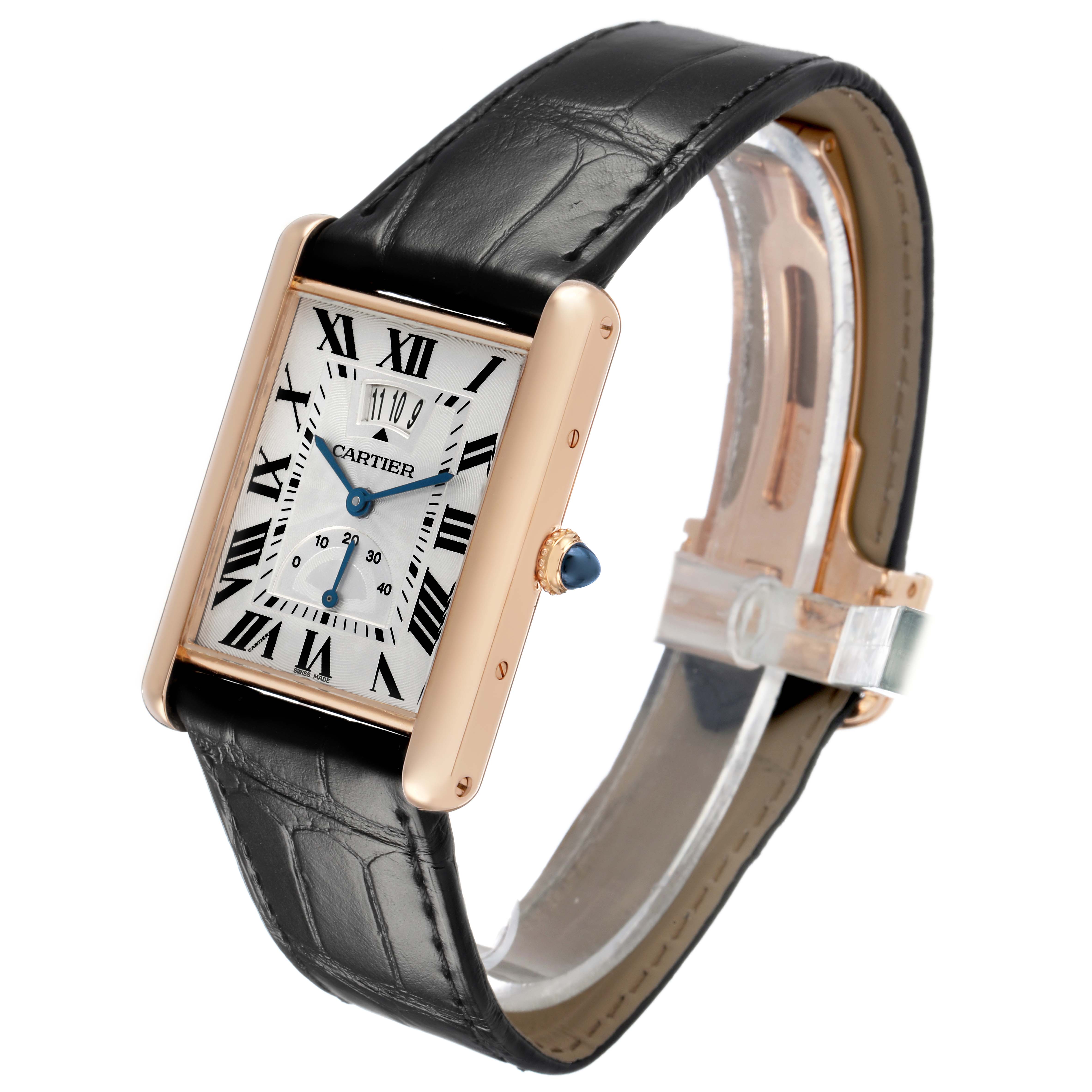 The Cartier Tank Louis W1560003 Men's Rose Gold Silver Dial watch is shown at a slight angle, highlighting its rectangular face, Roman numeral dial, and black leather strap.