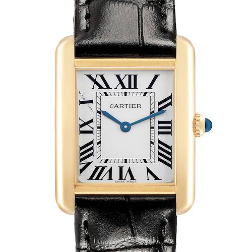 The Cartier Tank Solo W1018755 Women's Steel and Gold (two tone) Silver Dial watch is shown from the front, displaying its rectangular face, Roman numerals, and a leather strap.
